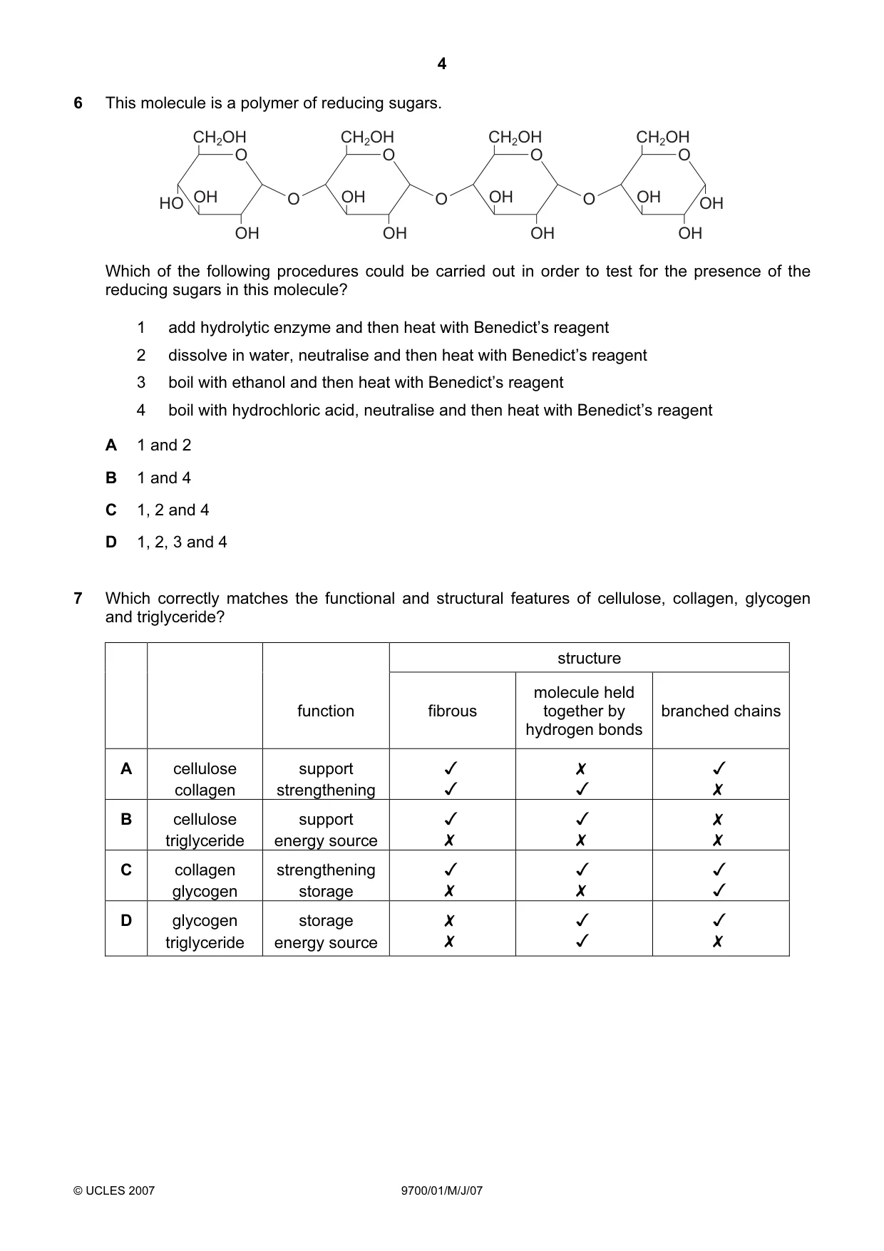 Cambridge A Level Biology 9700 2007 May/June Paper 1 · Variant 1 question paper, page 4 of 20