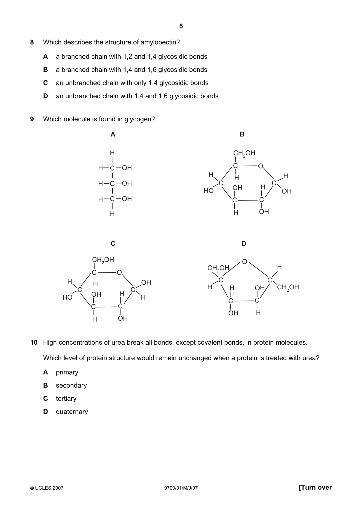 Cambridge A Level Biology 9700 2007 May/June Paper 1 · Variant 1 question paper, page 5 of 20