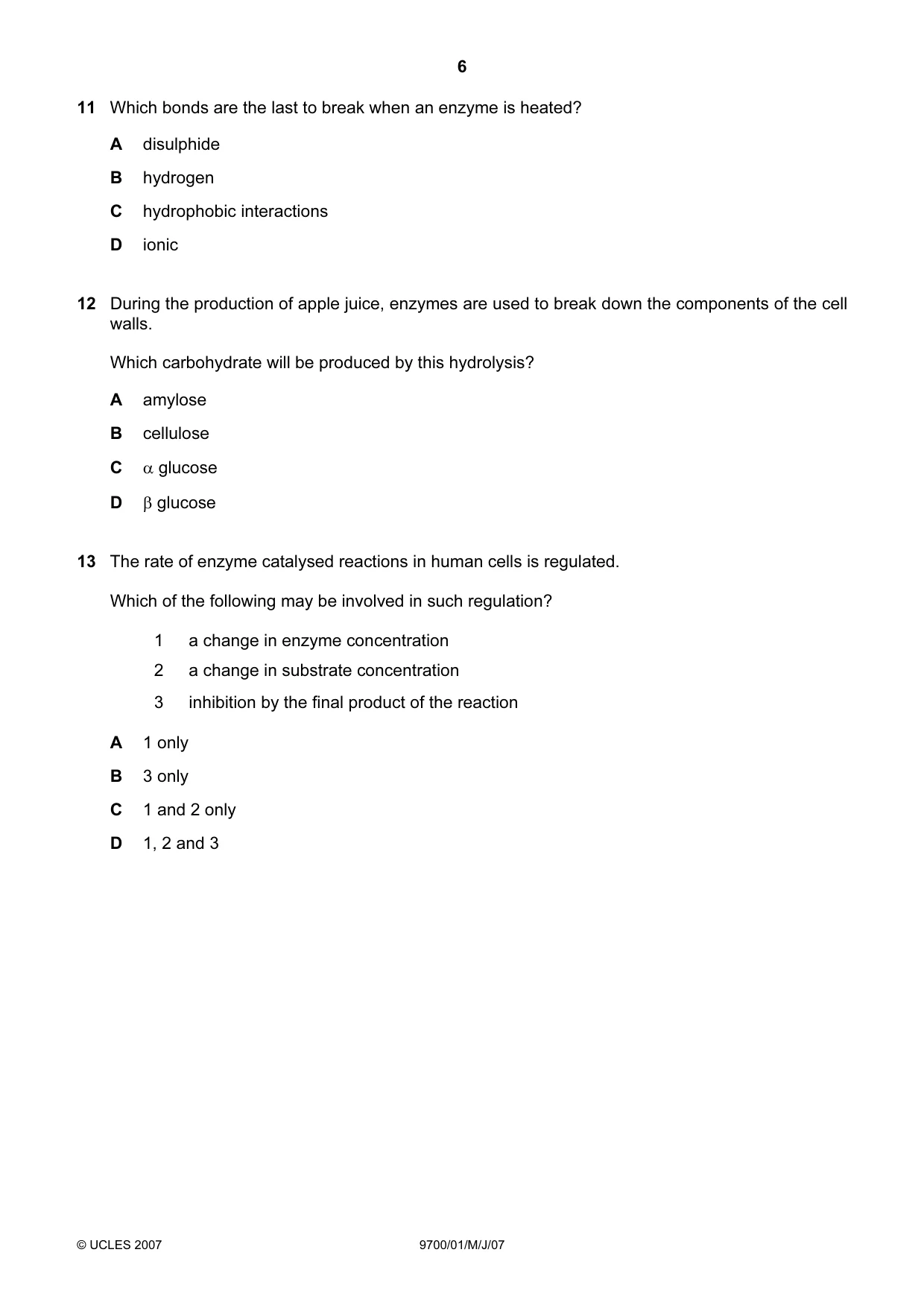 Cambridge A Level Biology 9700 2007 May/June Paper 1 · Variant 1 question paper, page 6 of 20