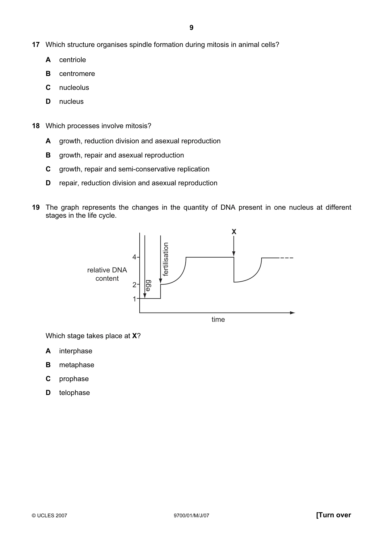 Cambridge A Level Biology 9700 2007 May/June Paper 1 · Variant 1 question paper, page 9 of 20