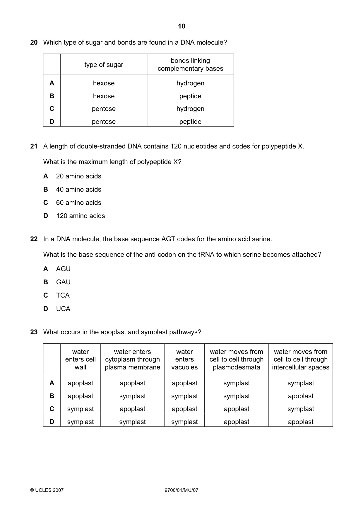 Cambridge A Level Biology 9700 2007 May/June Paper 1 · Variant 1 question paper, page 10 of 20
