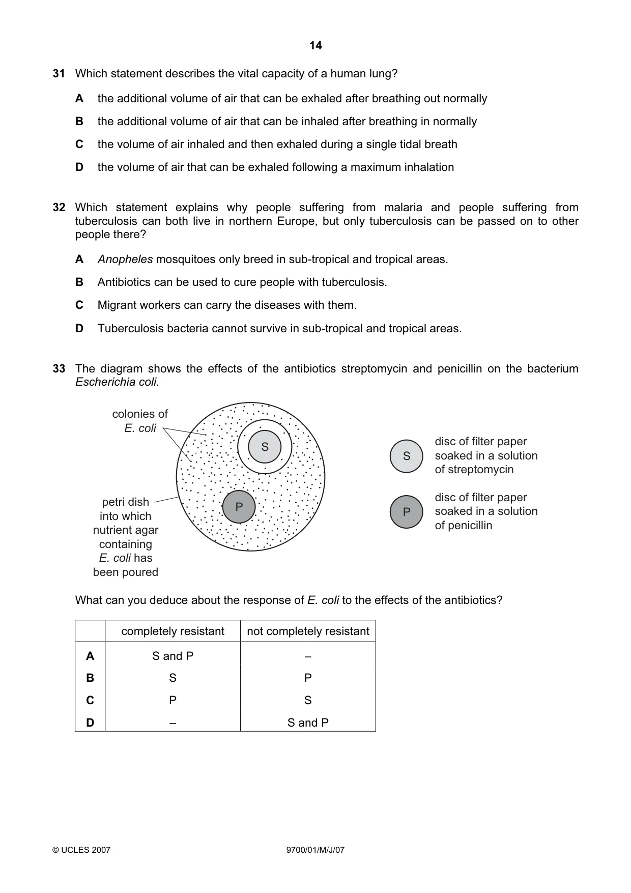 Cambridge A Level Biology 9700 2007 May/June Paper 1 · Variant 1 question paper, page 14 of 20