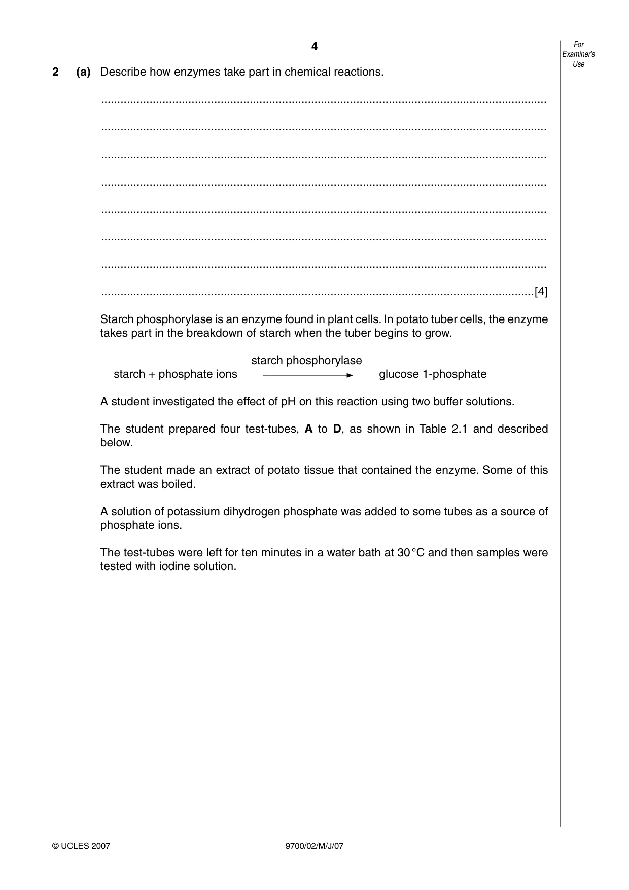 Cambridge A Level Biology 9700 2007 May/June Paper 2 · Variant 1 question paper, page 4 of 16