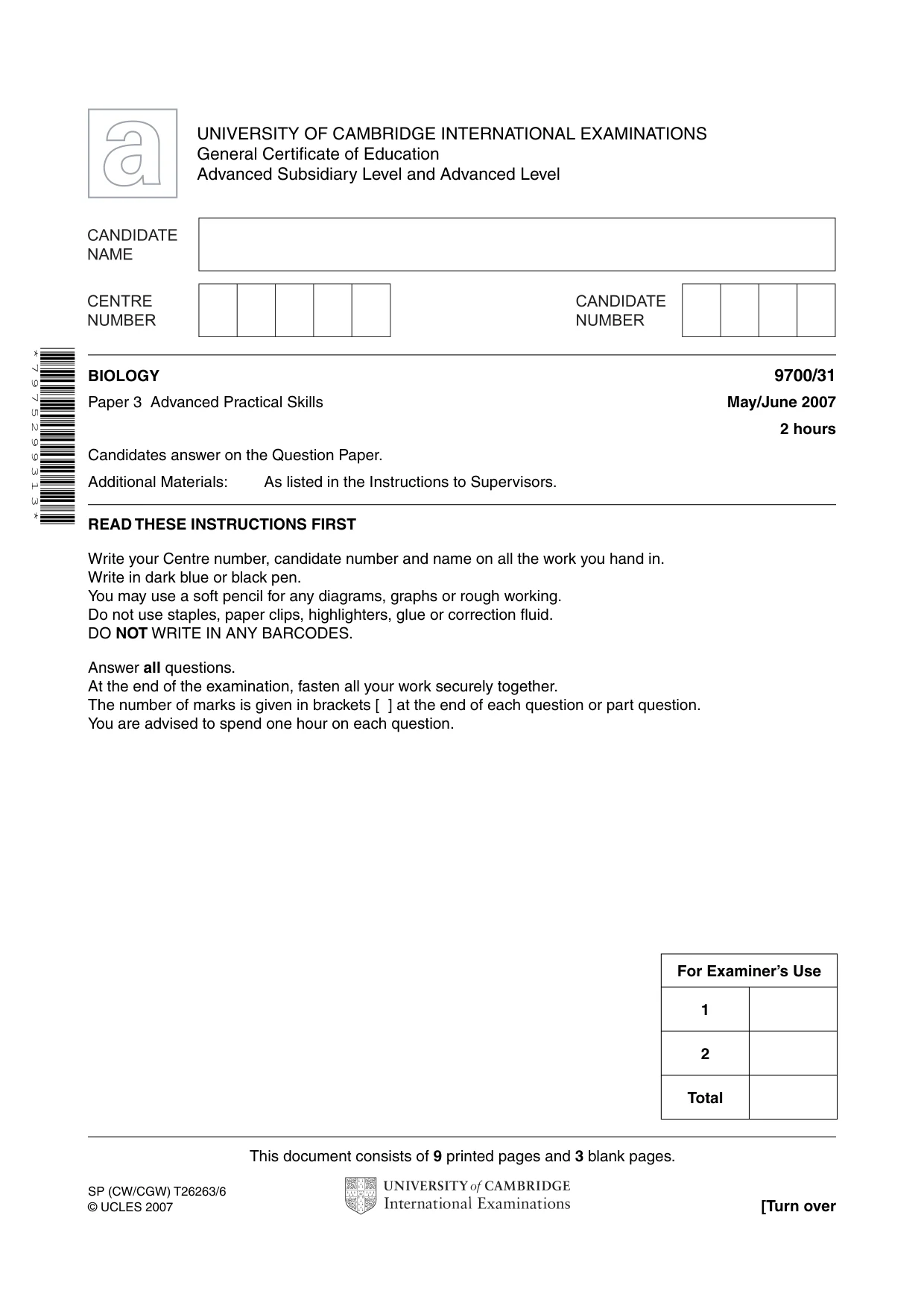 Cambridge A Level Biology 9700 2007 May/June Paper 3 · Variant 1 question paper, page 1 of 12