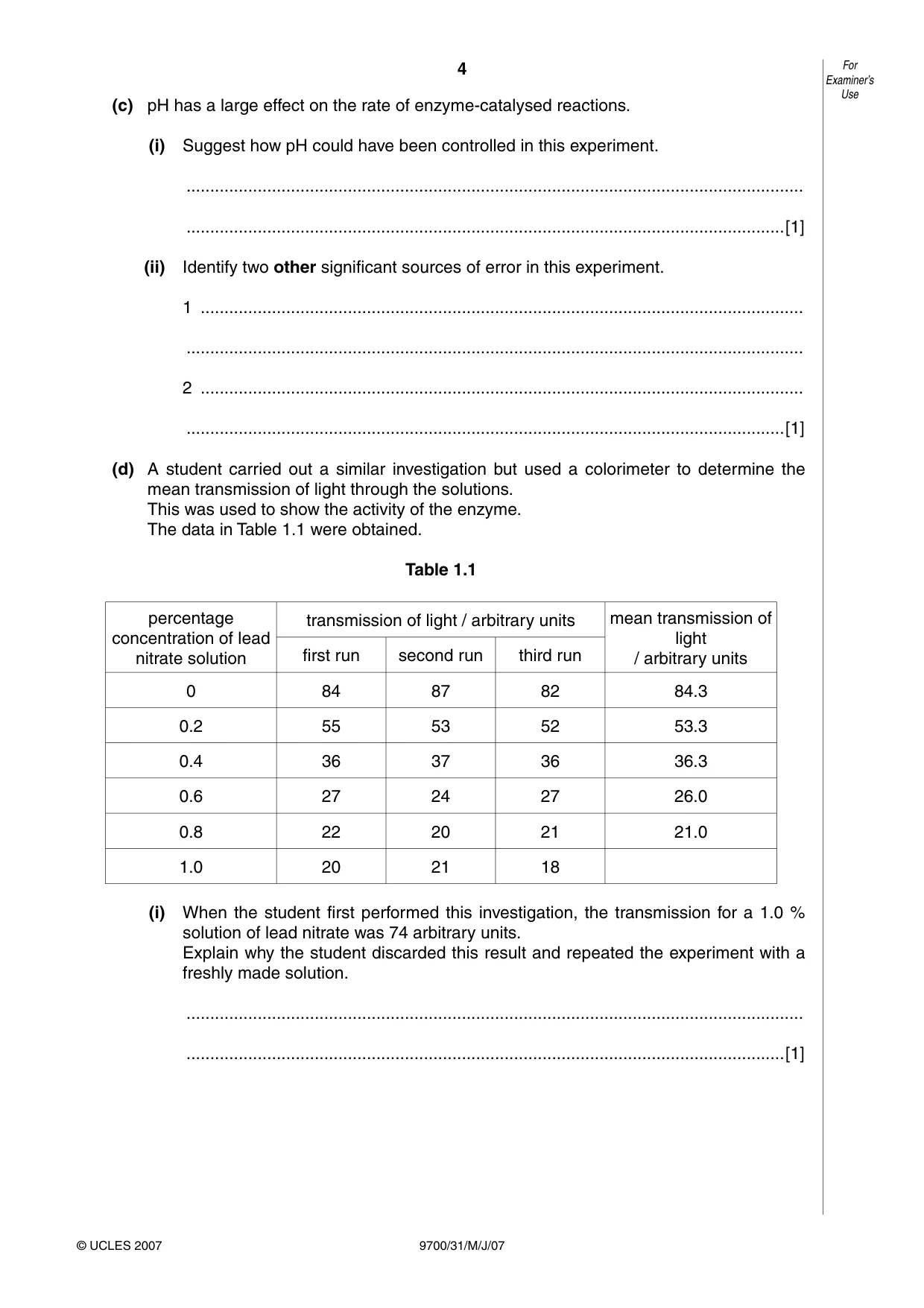 Cambridge A Level Biology 9700 2007 May/June Paper 3 · Variant 1 question paper, page 4 of 12