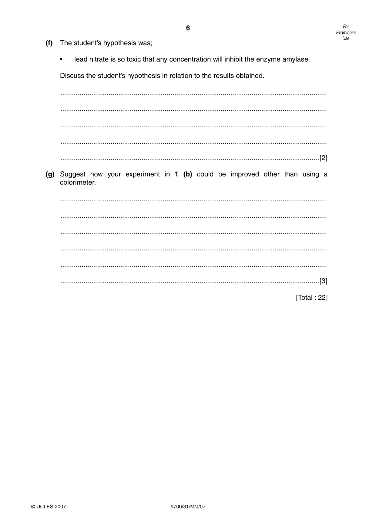 Cambridge A Level Biology 9700 2007 May/June Paper 3 · Variant 1 question paper, page 6 of 12
