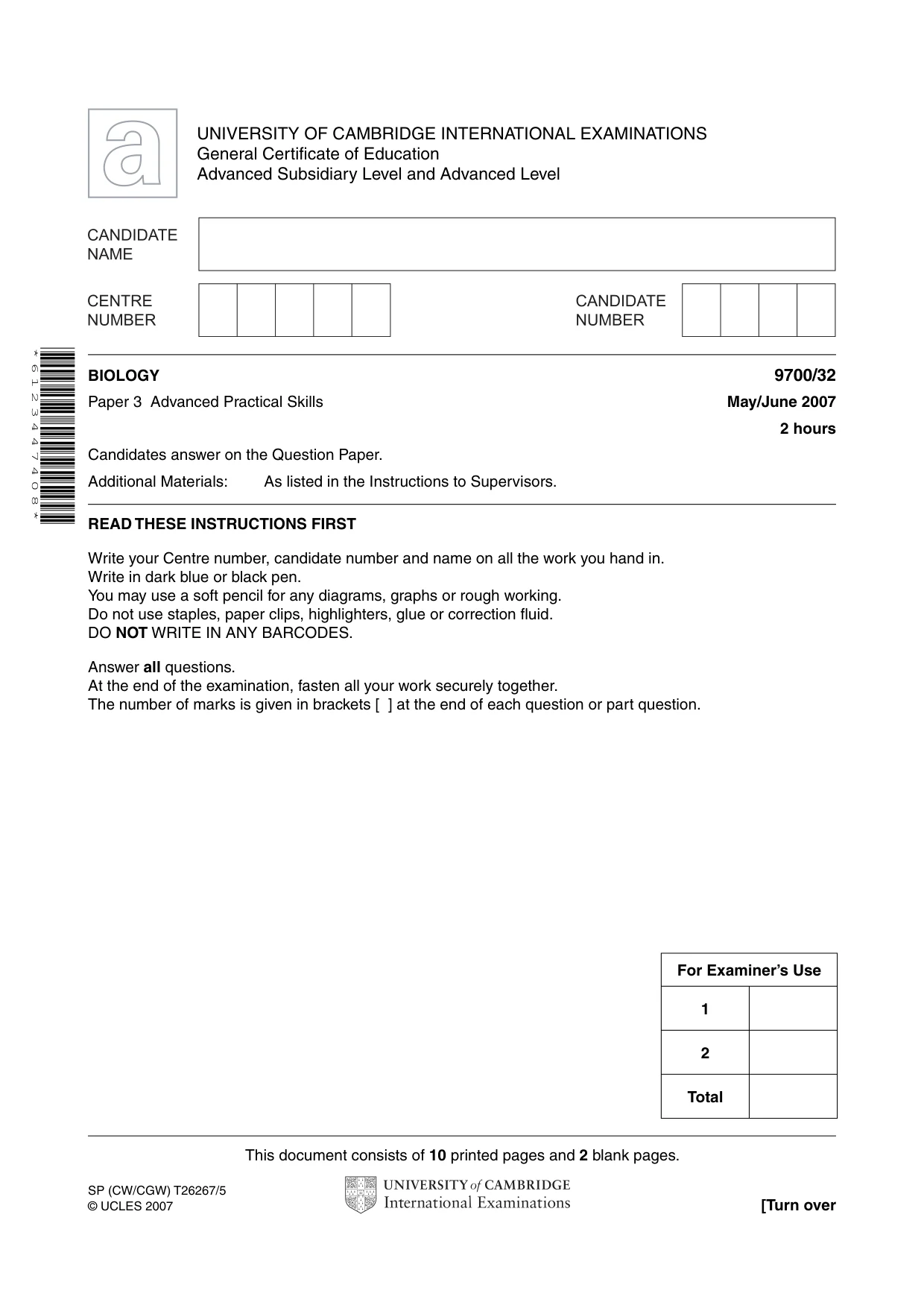 Cambridge A Level Biology 9700 2007 May/June Paper 3 · Variant 2 question paper, page 1 of 12