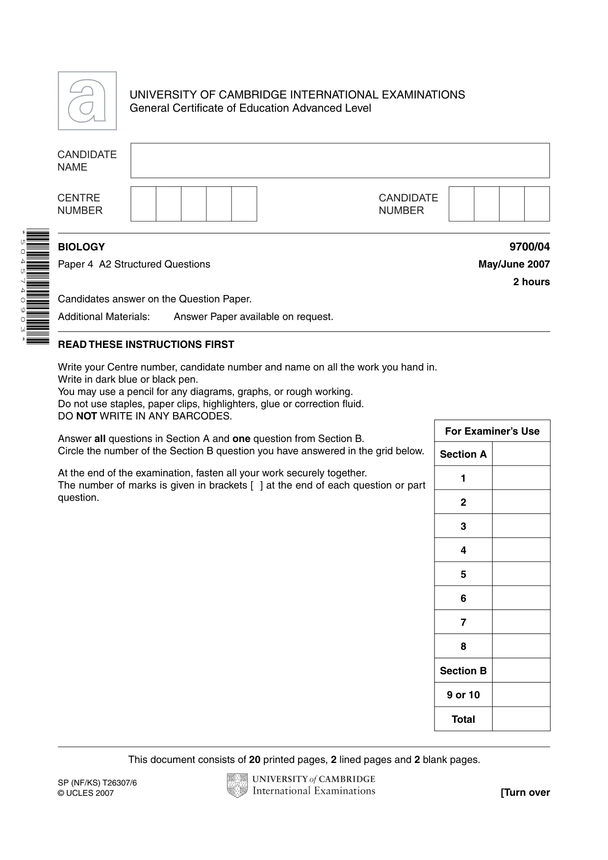 Cambridge A Level Biology 9700 2007 May/June Paper 4 · Variant 1 question paper, page 1 of 24