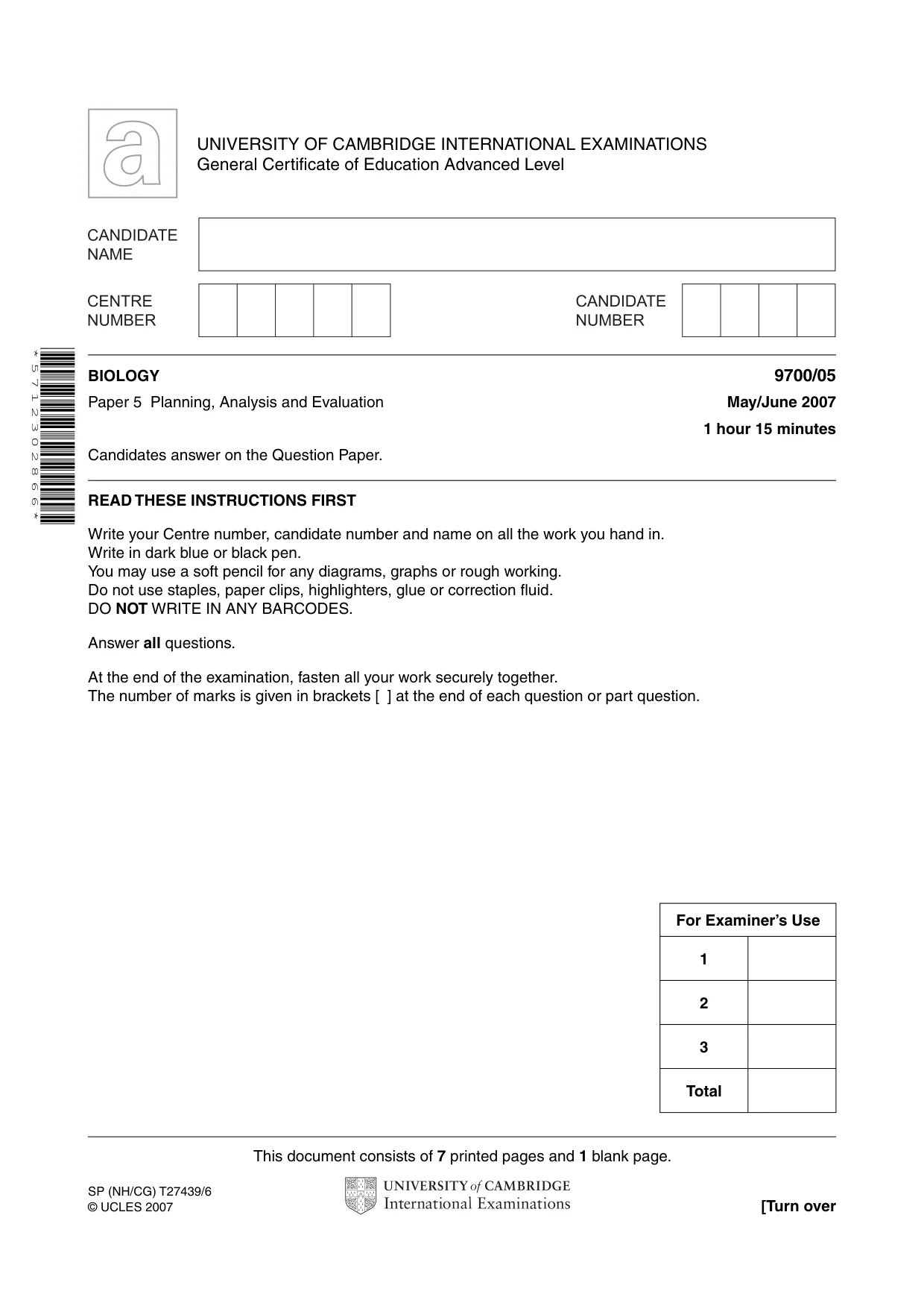 Cambridge A Level Biology 9700 2007 May/June Paper 5 · Variant 1 question paper, page 1 of 8