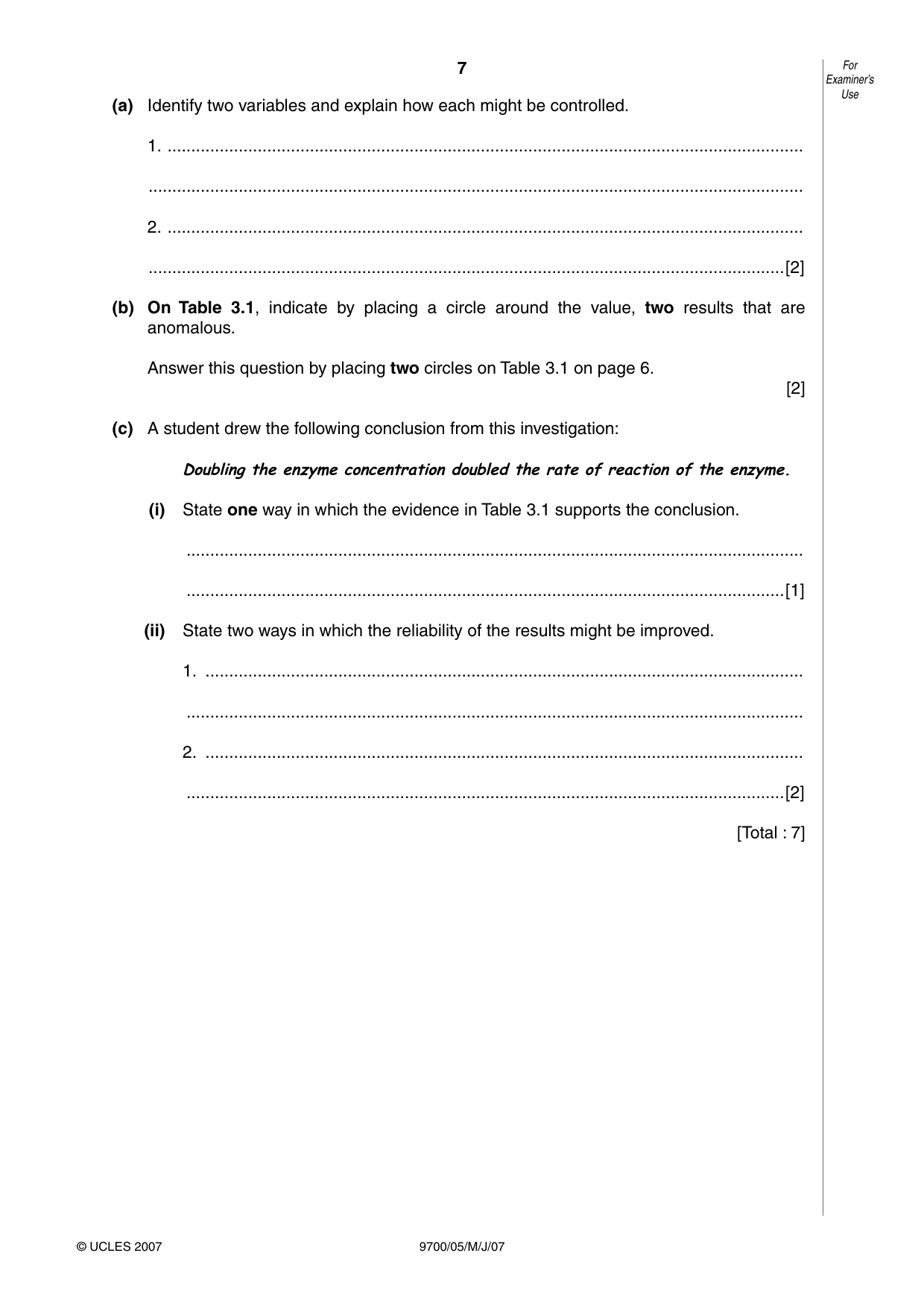 Cambridge A Level Biology 9700 2007 May/June Paper 5 · Variant 1 question paper, page 7 of 8