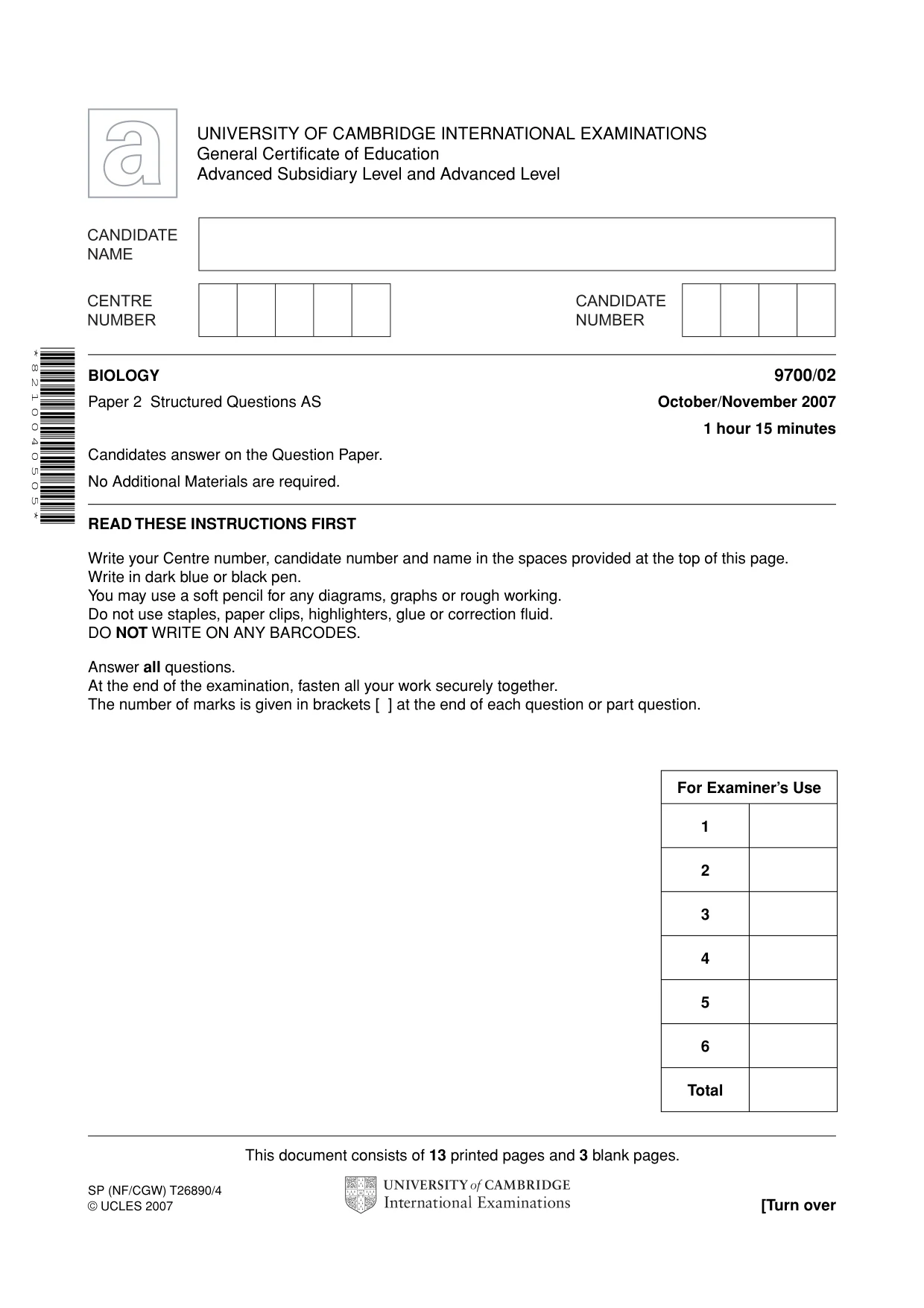Cambridge A Level Biology 9700 2007 Oct/Nov Paper 2 · Variant 1 question paper, page 1 of 16