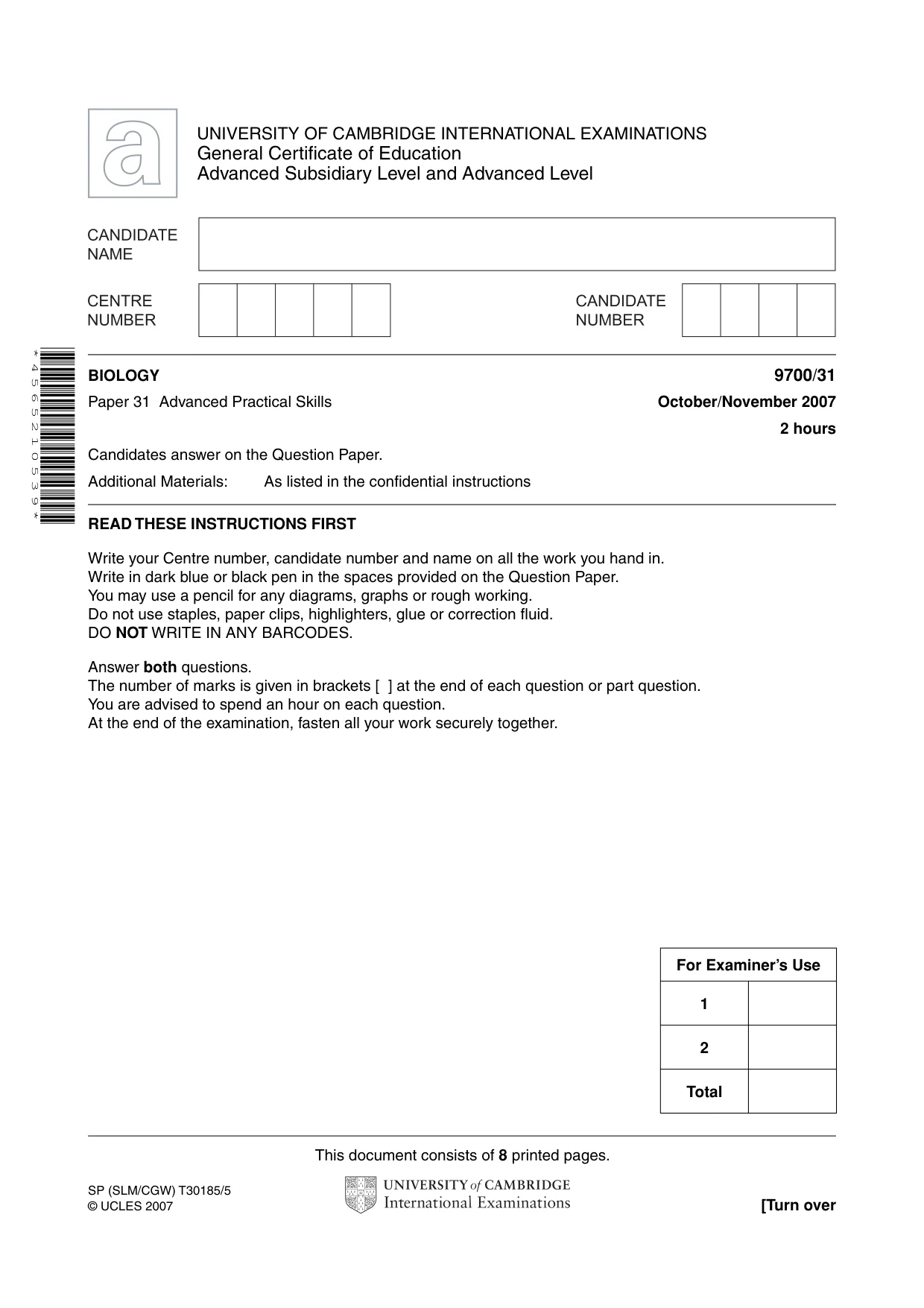 Cambridge A Level Biology 9700 2007 Oct/Nov Paper 3 · Variant 1 question paper, page 1 of 8