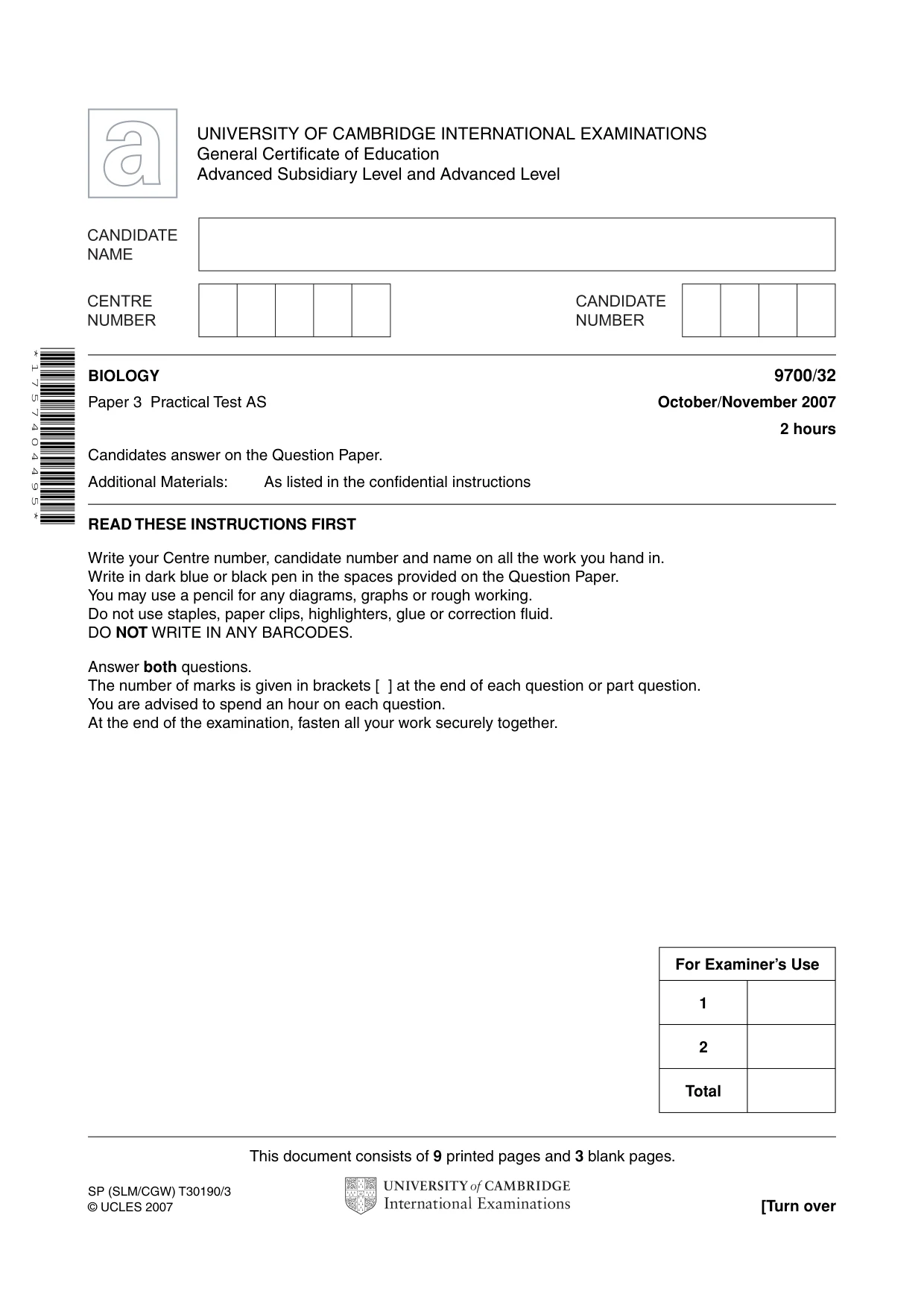 Cambridge A Level Biology 9700 2007 Oct/Nov Paper 3 · Variant 2 question paper, page 1 of 12