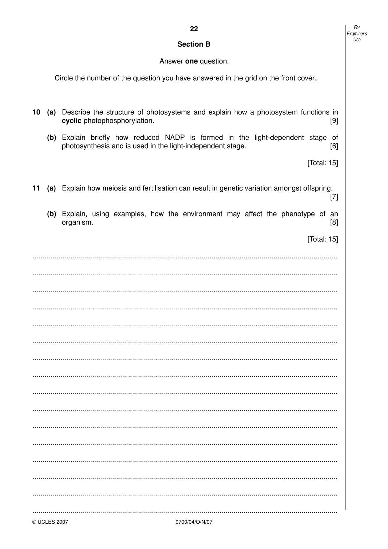 Cambridge A Level Biology 9700 2007 Oct/Nov Paper 4 · Variant 1 question paper, page 22 of 24