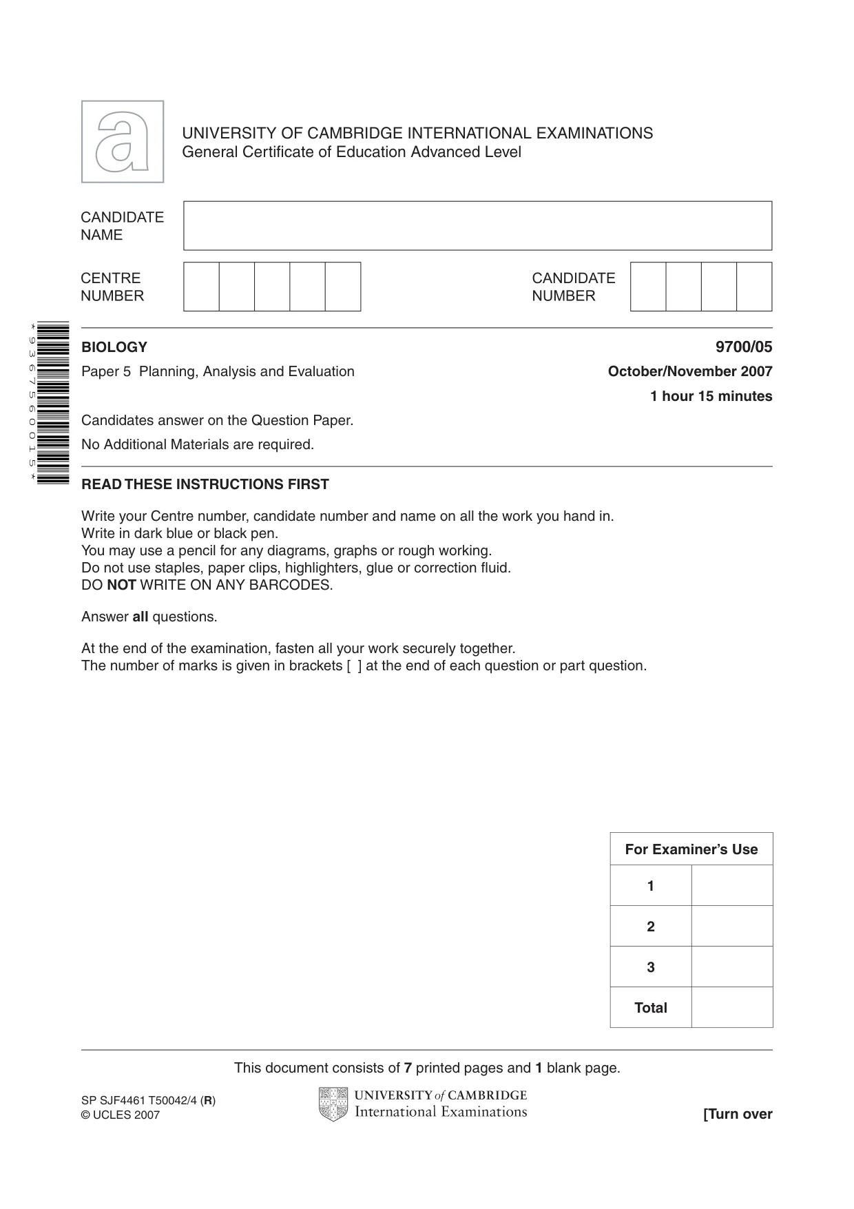 Cambridge A Level Biology 9700 2007 Oct/Nov Paper 5 · Variant 1 question paper, page 1 of 8