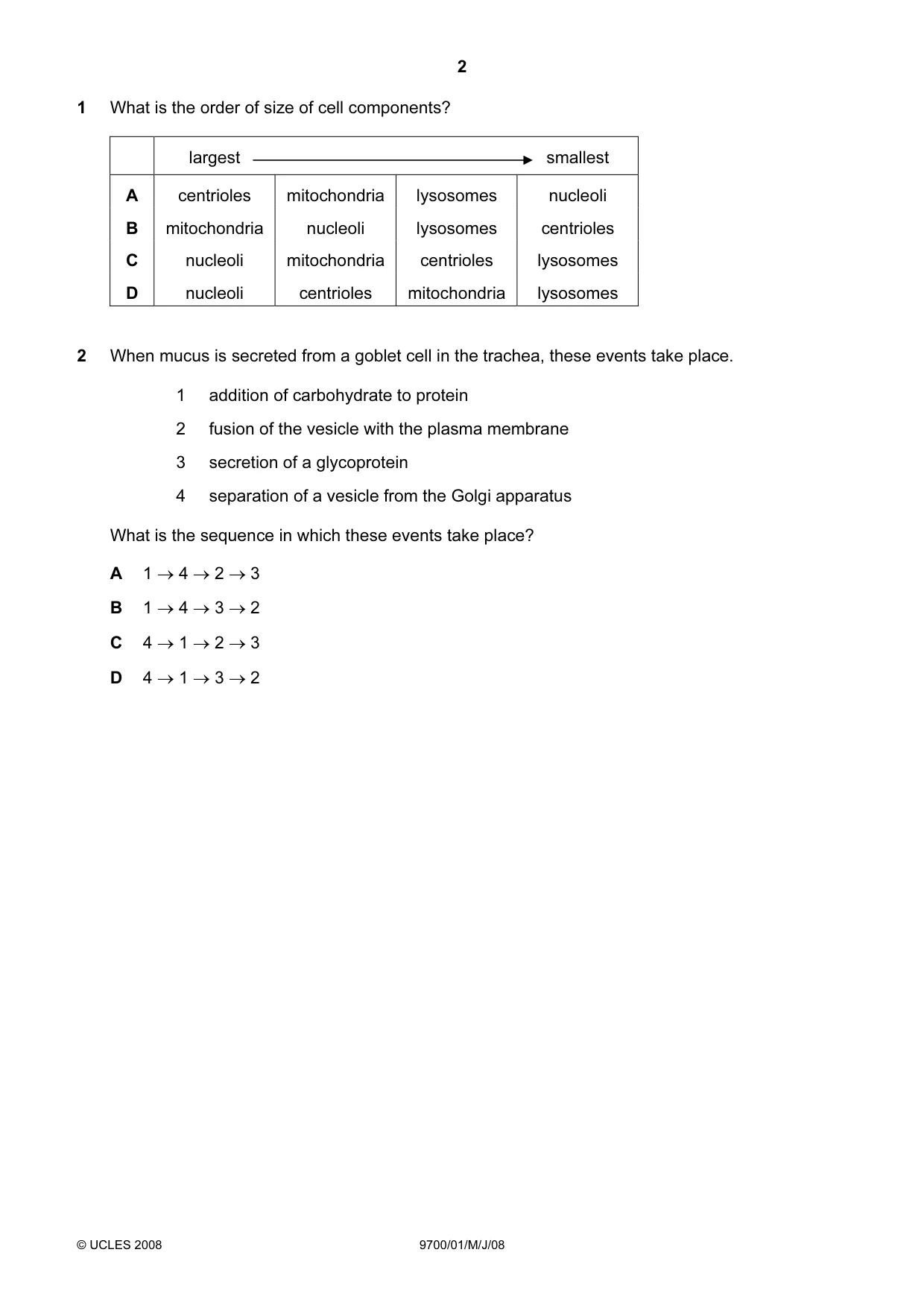 Cambridge A Level Biology 9700 2008 May/June Paper 1 · Variant 1 question paper, page 2 of 20