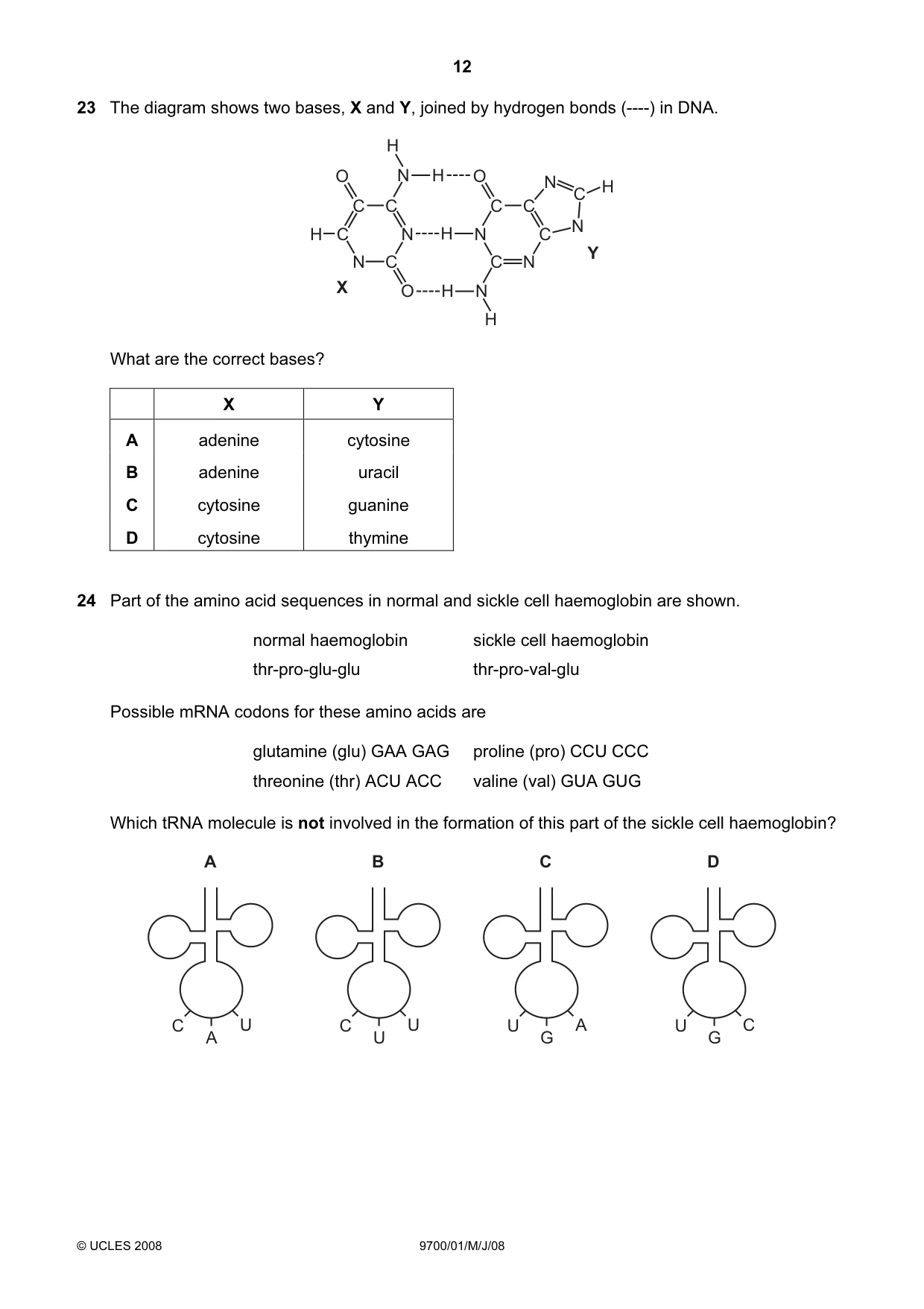 Cambridge A Level Biology 9700 2008 May/June Paper 1 · Variant 1 question paper, page 12 of 20