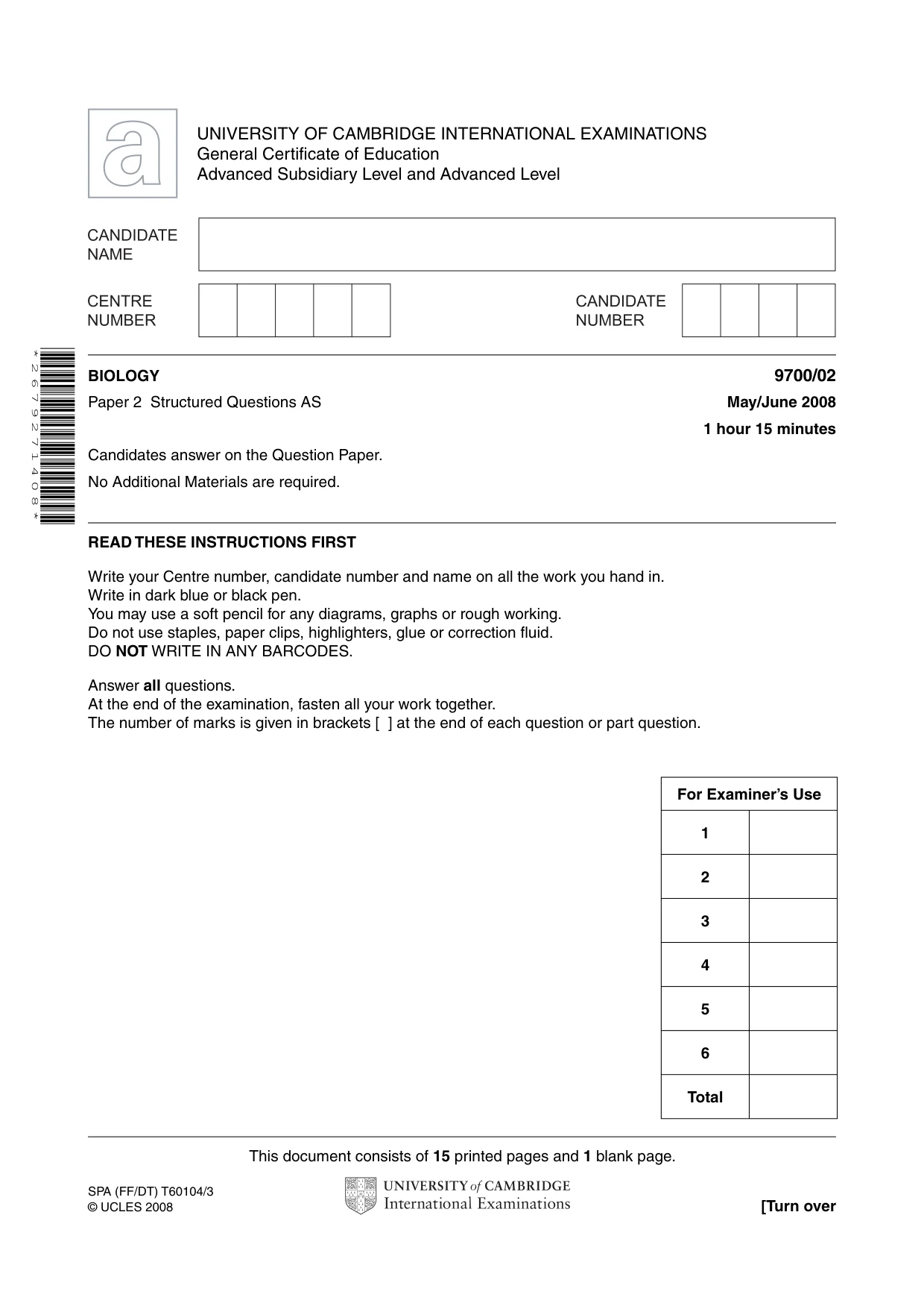 Cambridge A Level Biology 9700 2008 May/June Paper 2 · Variant 1 question paper, page 1 of 16