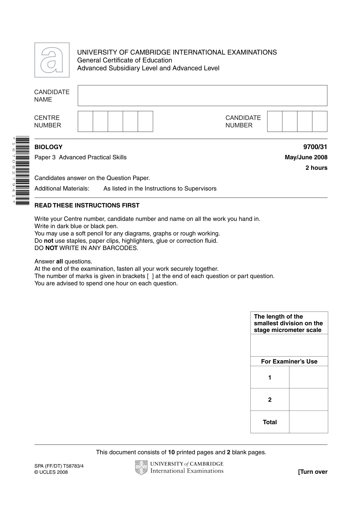 Cambridge A Level Biology 9700 2008 May/June Paper 3 · Variant 1 question paper, page 1 of 12
