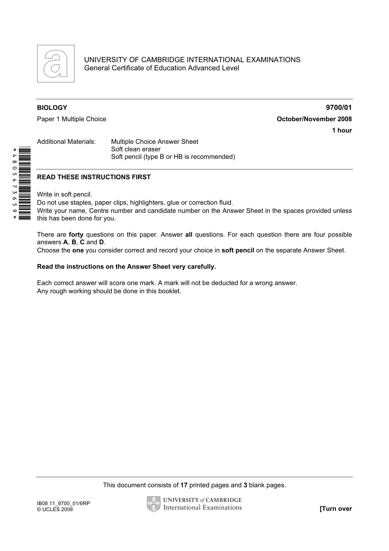 Cambridge A Level Biology 9700 2008 Oct/Nov Paper 1 · Variant 1 question paper, page 1 of 20