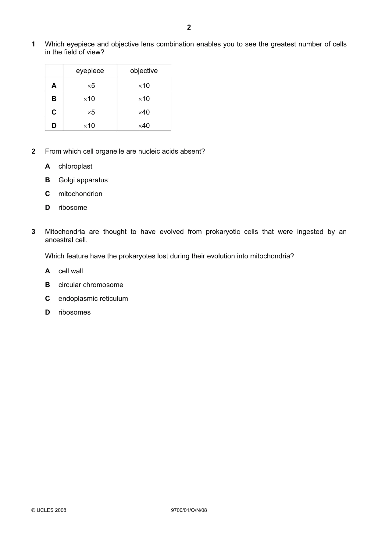 Cambridge A Level Biology 9700 2008 Oct/Nov Paper 1 · Variant 1 question paper, page 2 of 20
