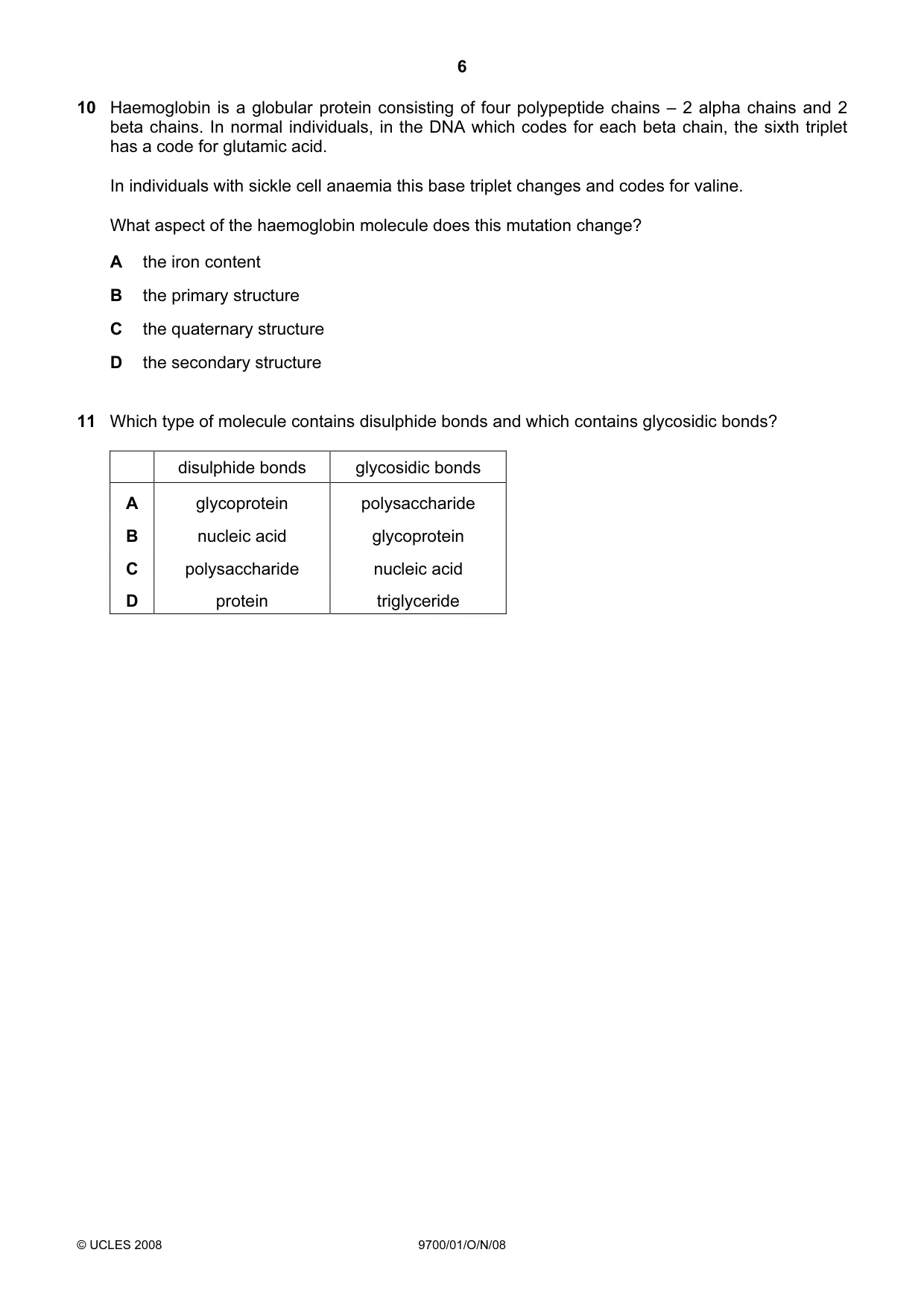 Cambridge A Level Biology 9700 2008 Oct/Nov Paper 1 · Variant 1 question paper, page 6 of 20