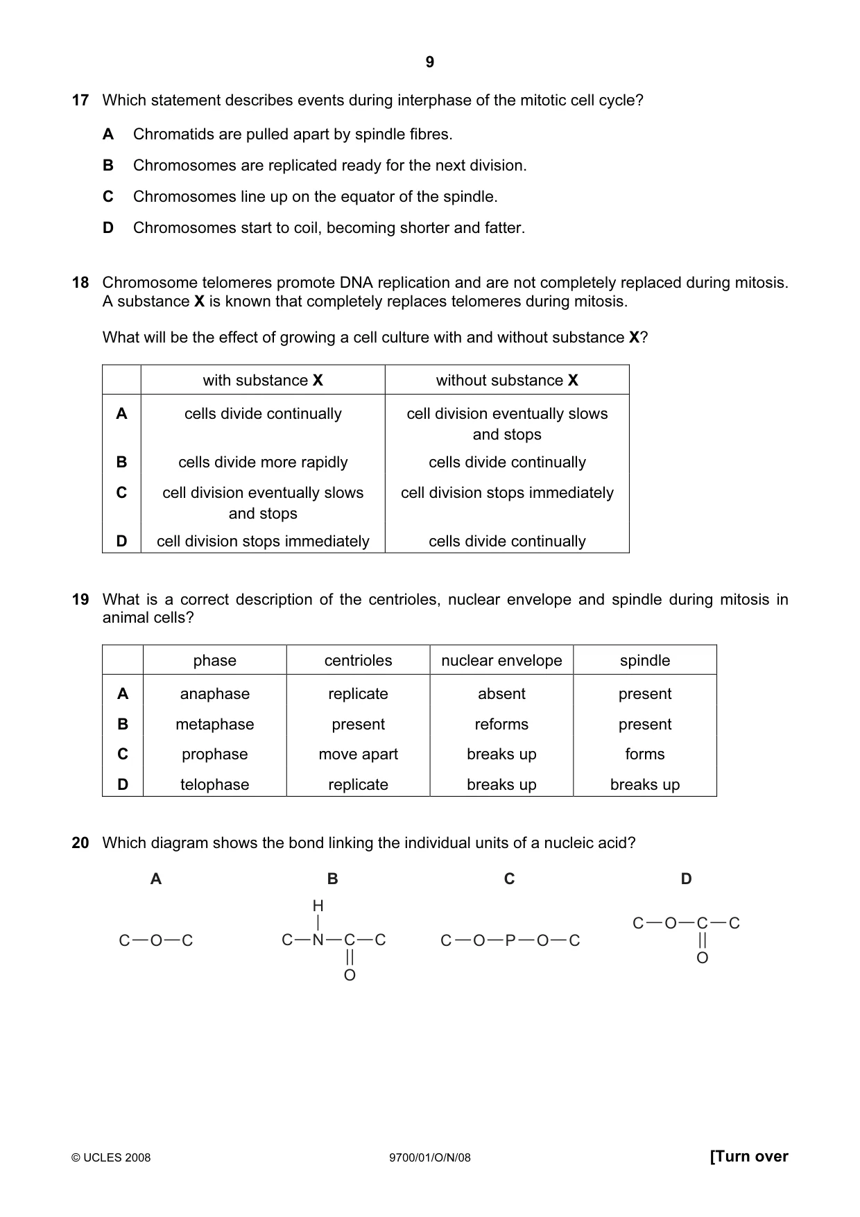 Cambridge A Level Biology 9700 2008 Oct/Nov Paper 1 · Variant 1 question paper, page 9 of 20