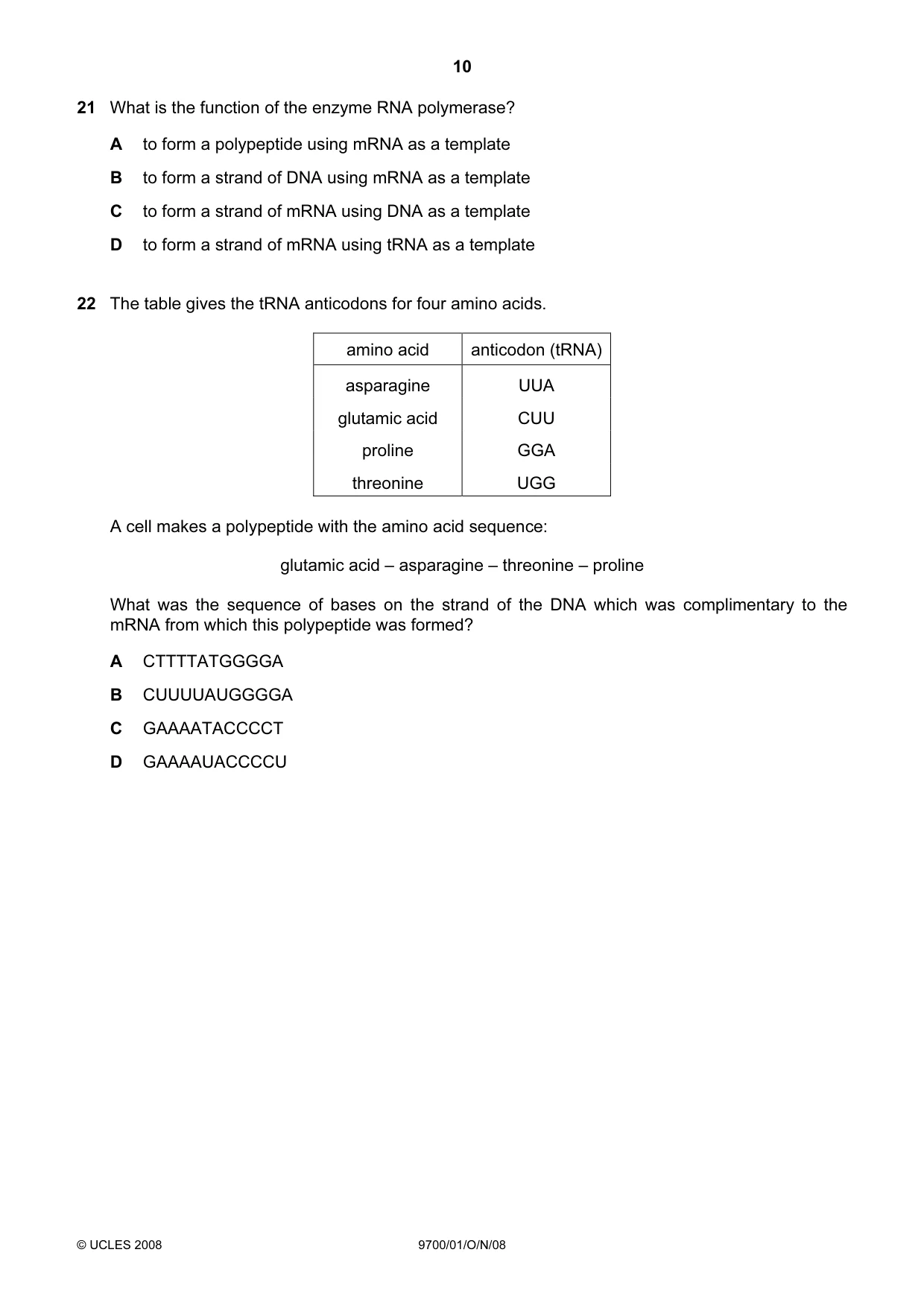 Cambridge A Level Biology 9700 2008 Oct/Nov Paper 1 · Variant 1 question paper, page 10 of 20