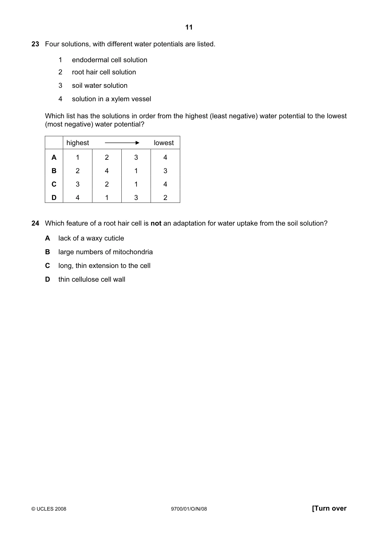 Cambridge A Level Biology 9700 2008 Oct/Nov Paper 1 · Variant 1 question paper, page 11 of 20