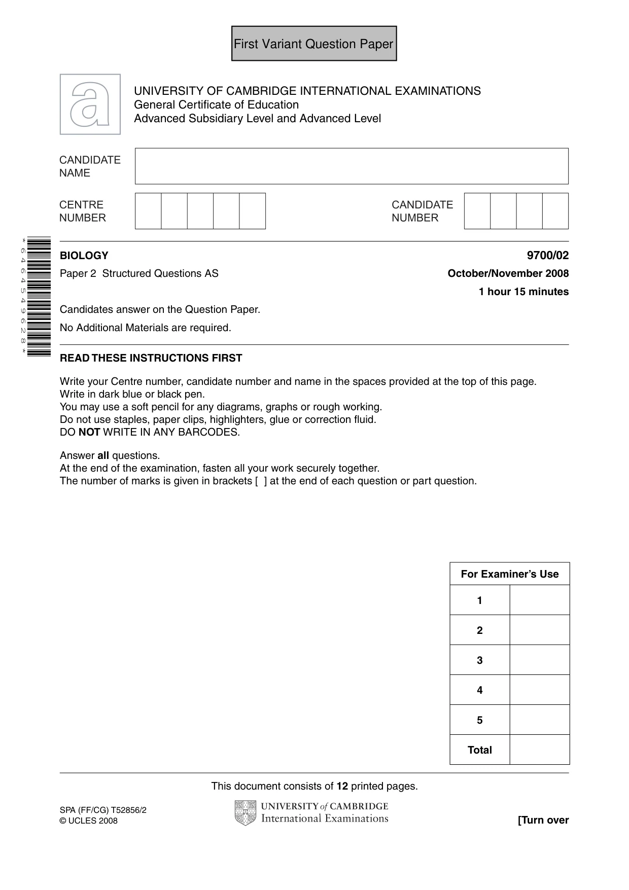 Cambridge A Level Biology 9700 2008 Oct/Nov Paper 2 · Variant 1 question paper, page 2 of 29