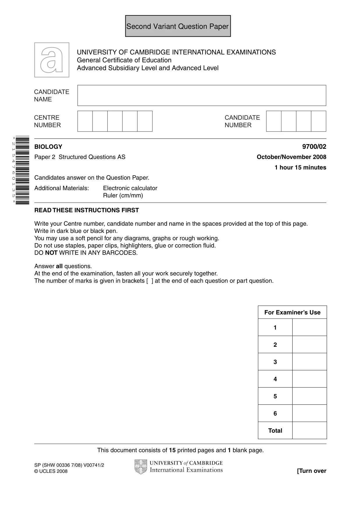 Cambridge A Level Biology 9700 2008 Oct/Nov Paper 2 · Variant 1 question paper, page 14 of 29