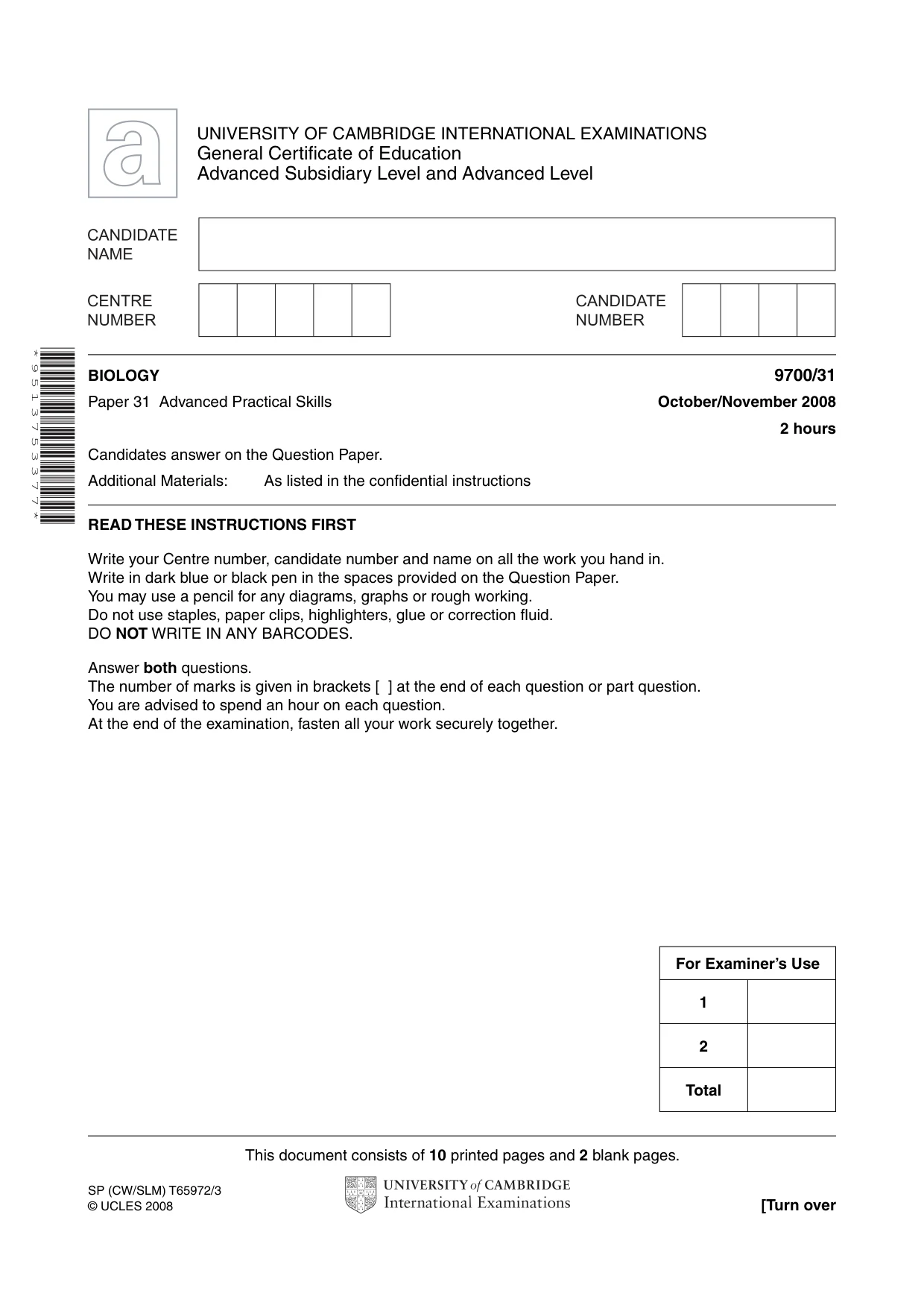 Cambridge A Level Biology 9700 2008 Oct/Nov Paper 3 · Variant 1 question paper, page 1 of 12
