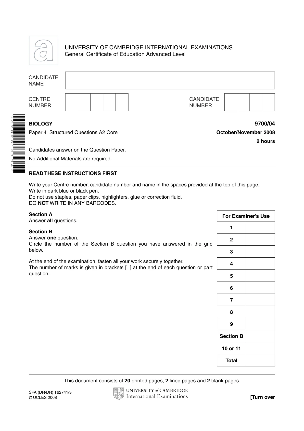 Cambridge A Level Biology 9700 2008 Oct/Nov Paper 4 · Variant 1 question paper, page 1 of 24