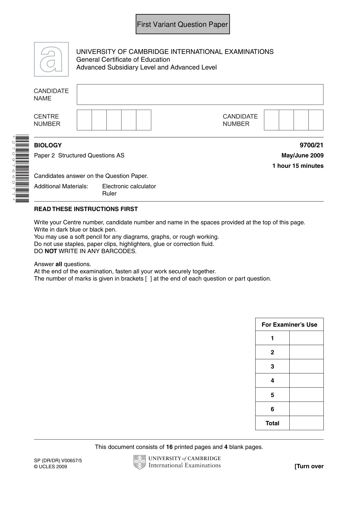 Cambridge A Level Biology 9700 2009 May/June Paper 2 · Variant 1 question paper, page 2 of 41