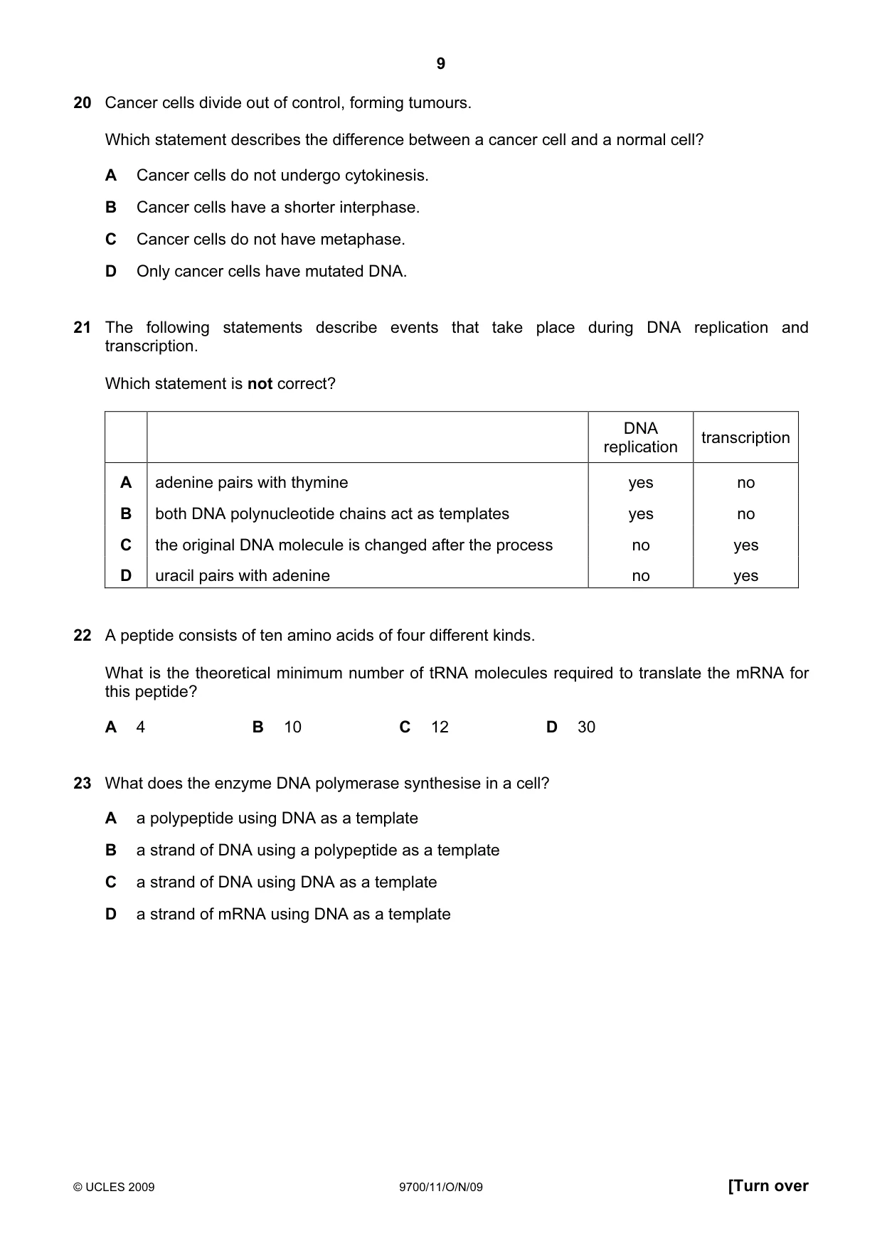 Cambridge A Level Biology 9700 2009 Oct/Nov Paper 1 · Variant 1 question paper, page 9 of 16