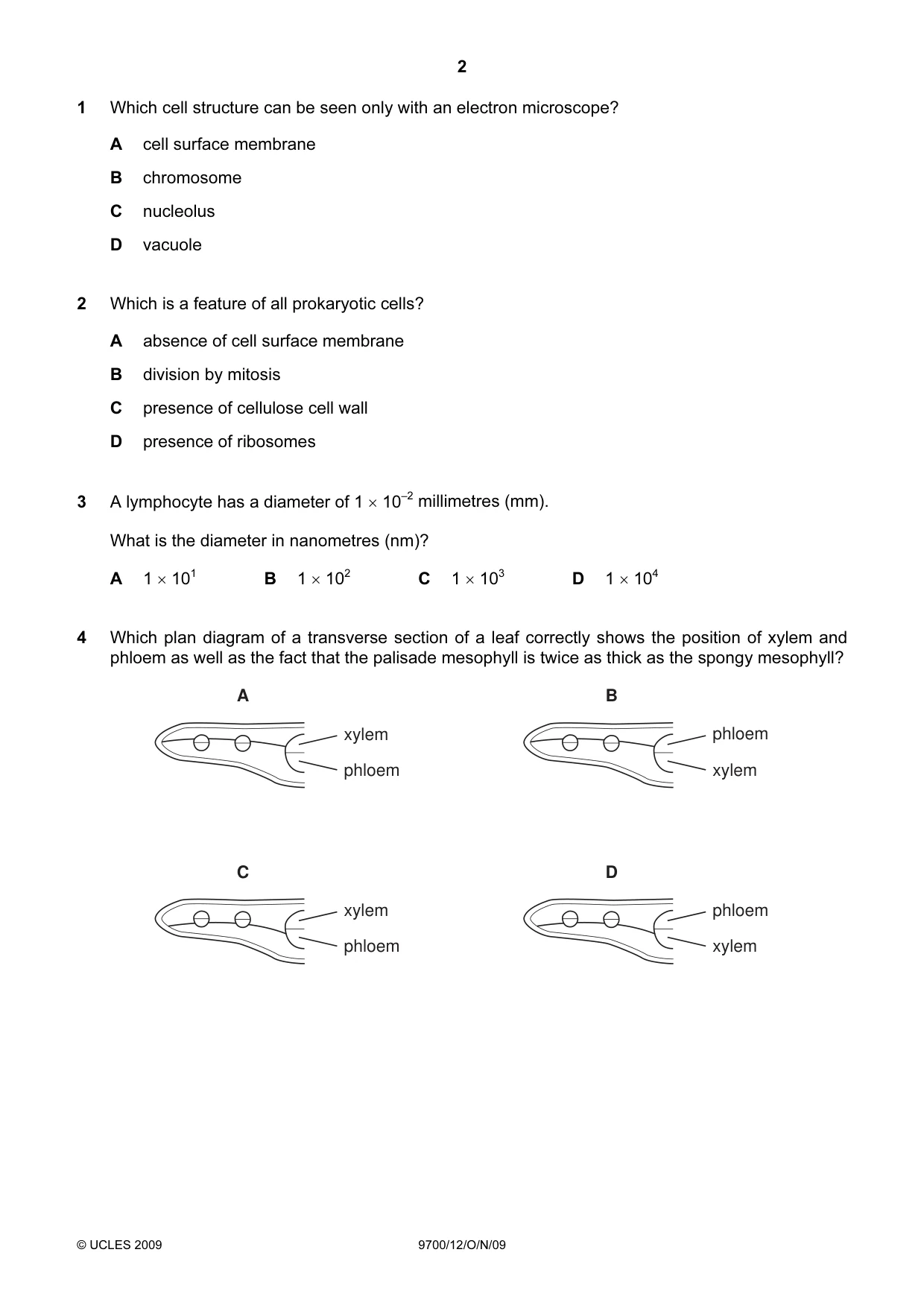 Cambridge A Level Biology 9700 2009 Oct/Nov Paper 1 · Variant 2 question paper, page 2 of 16