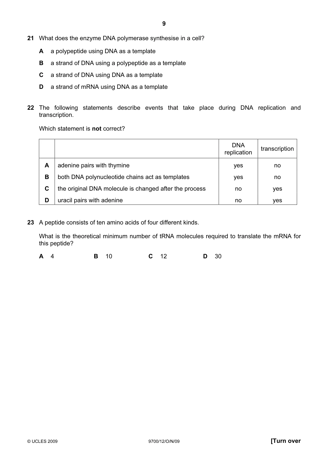 Cambridge A Level Biology 9700 2009 Oct/Nov Paper 1 · Variant 2 question paper, page 9 of 16