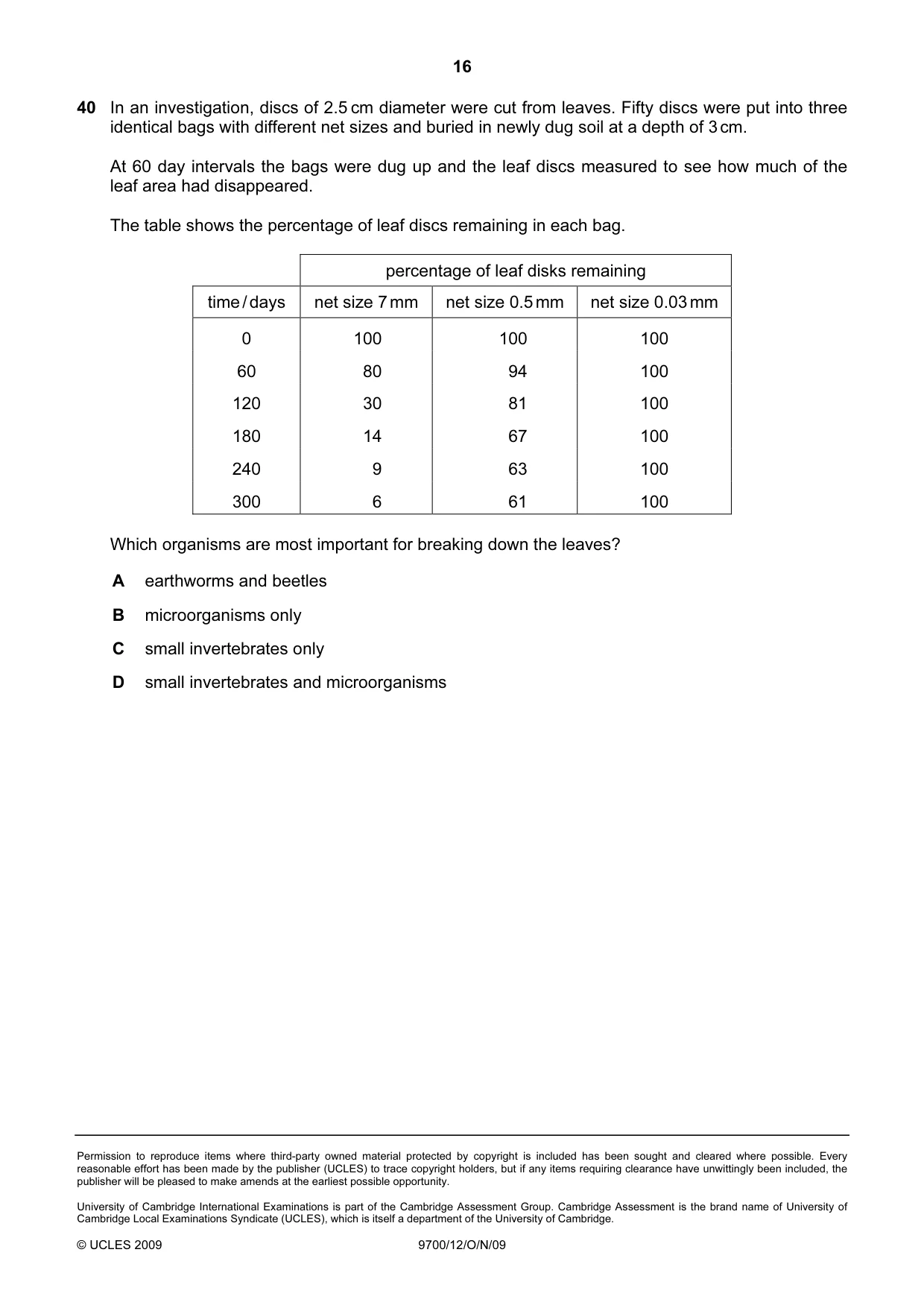 Cambridge A Level Biology 9700 2009 Oct/Nov Paper 1 · Variant 2 question paper, page 16 of 16