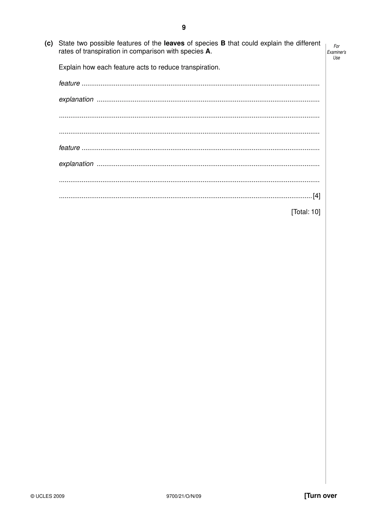 Cambridge A Level Biology 9700 2009 Oct/Nov Paper 2 · Variant 1 question paper, page 9 of 16