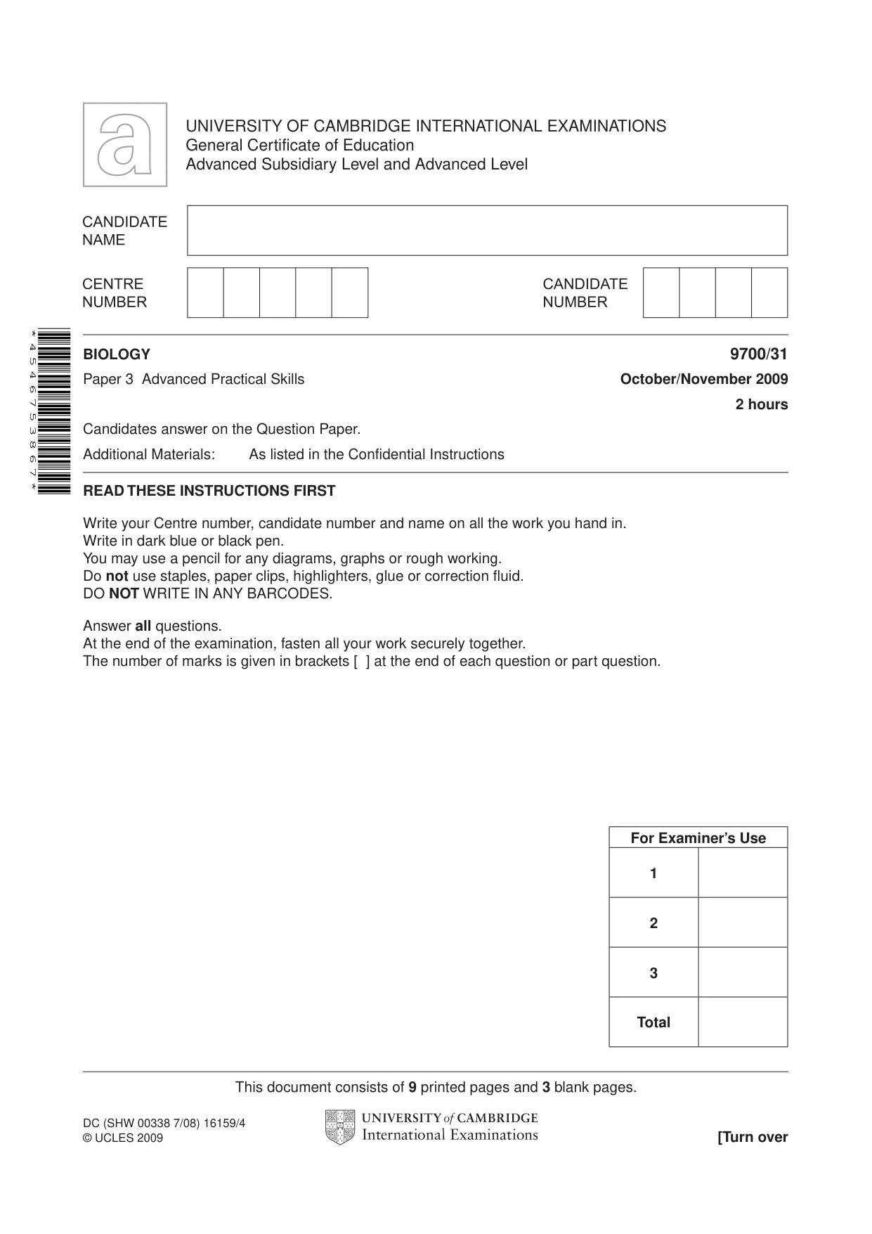 Cambridge A Level Biology 9700 2009 Oct/Nov Paper 3 · Variant 1 question paper, page 1 of 12