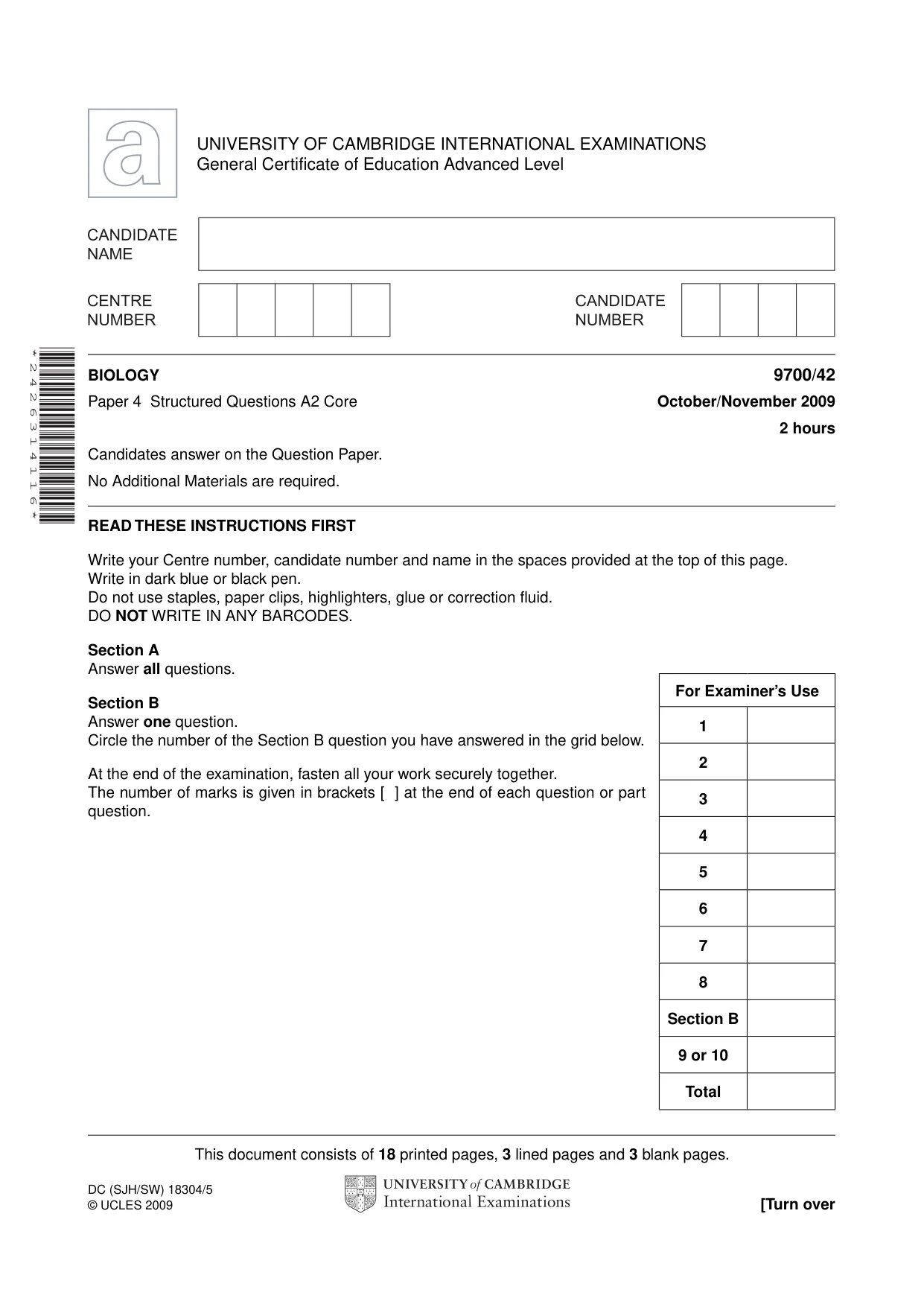 Cambridge A Level Biology 9700 2009 Oct/Nov Paper 4 · Variant 2 question paper, page 1 of 24