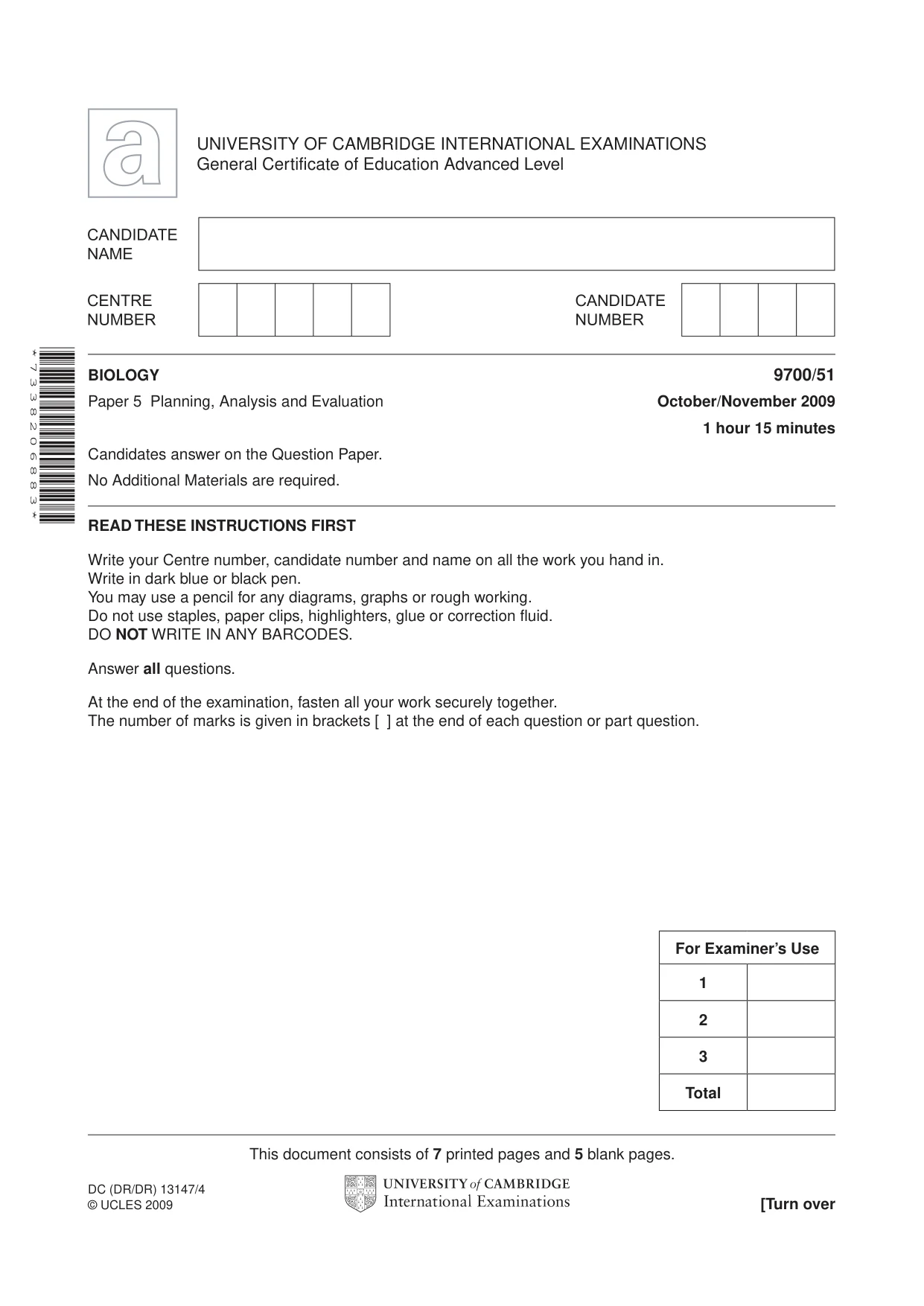 Cambridge A Level Biology 9700 2009 Oct/Nov Paper 5 · Variant 1 question paper, page 1 of 12