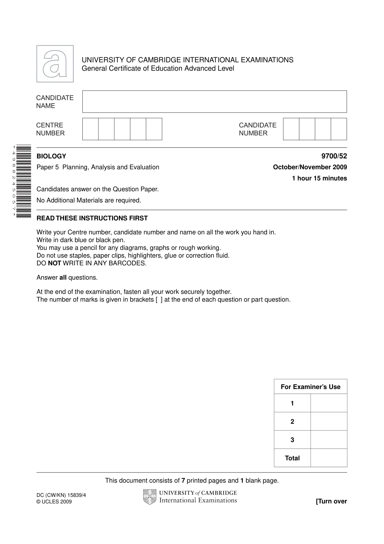 Cambridge A Level Biology 9700 2009 Oct/Nov Paper 5 · Variant 2 question paper, page 1 of 8