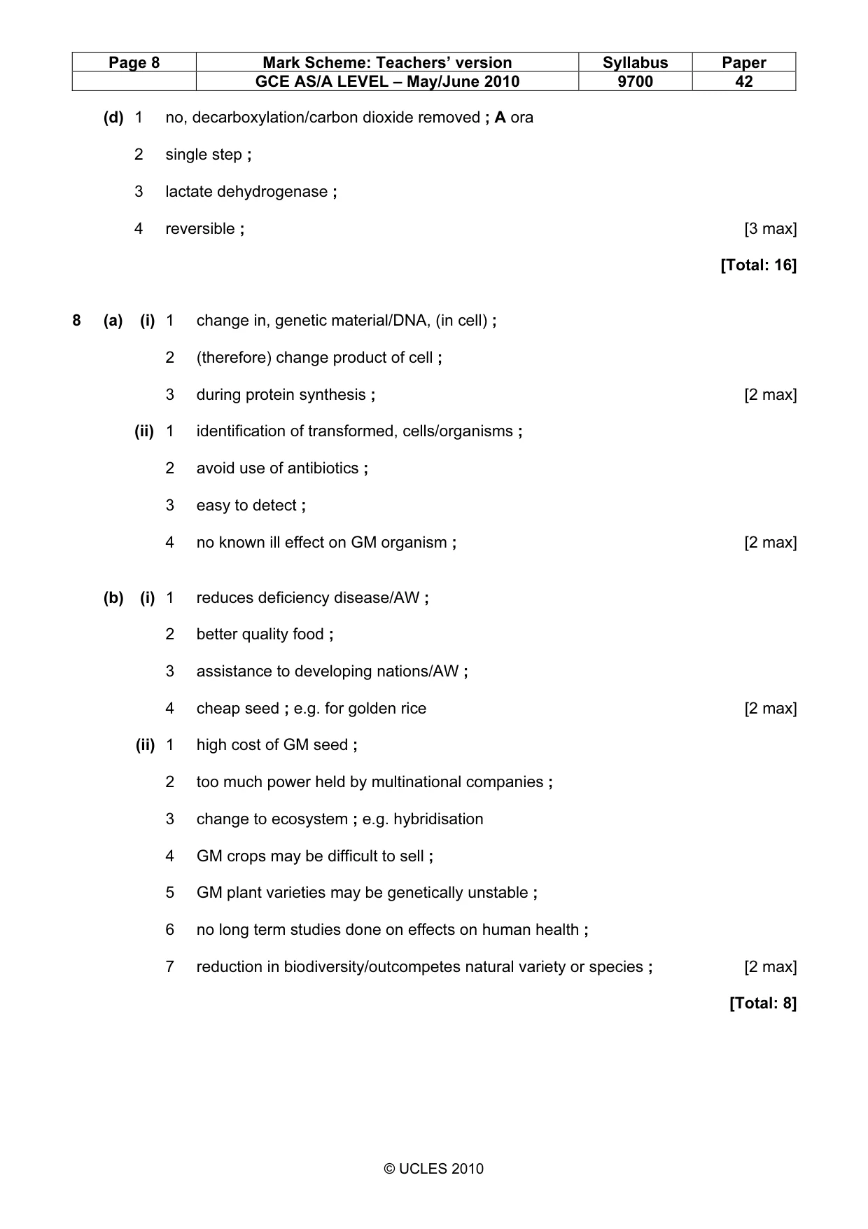 Mark scheme, page 8 of 10