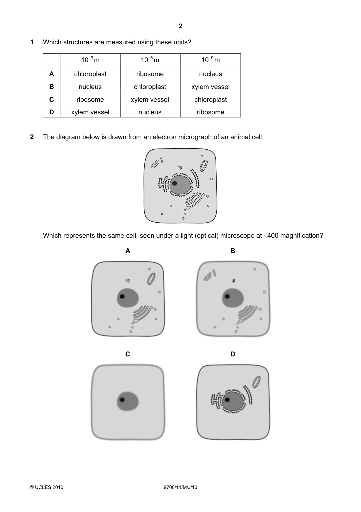 Cambridge A Level Biology 9700 2010 May/June Paper 1 · Variant 1 question paper, page 2 of 20