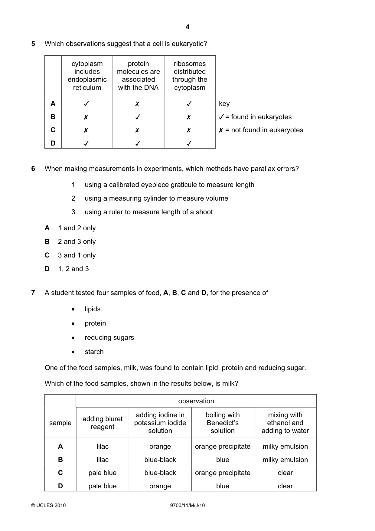 Cambridge A Level Biology 9700 2010 May/June Paper 1 · Variant 1 question paper, page 4 of 20