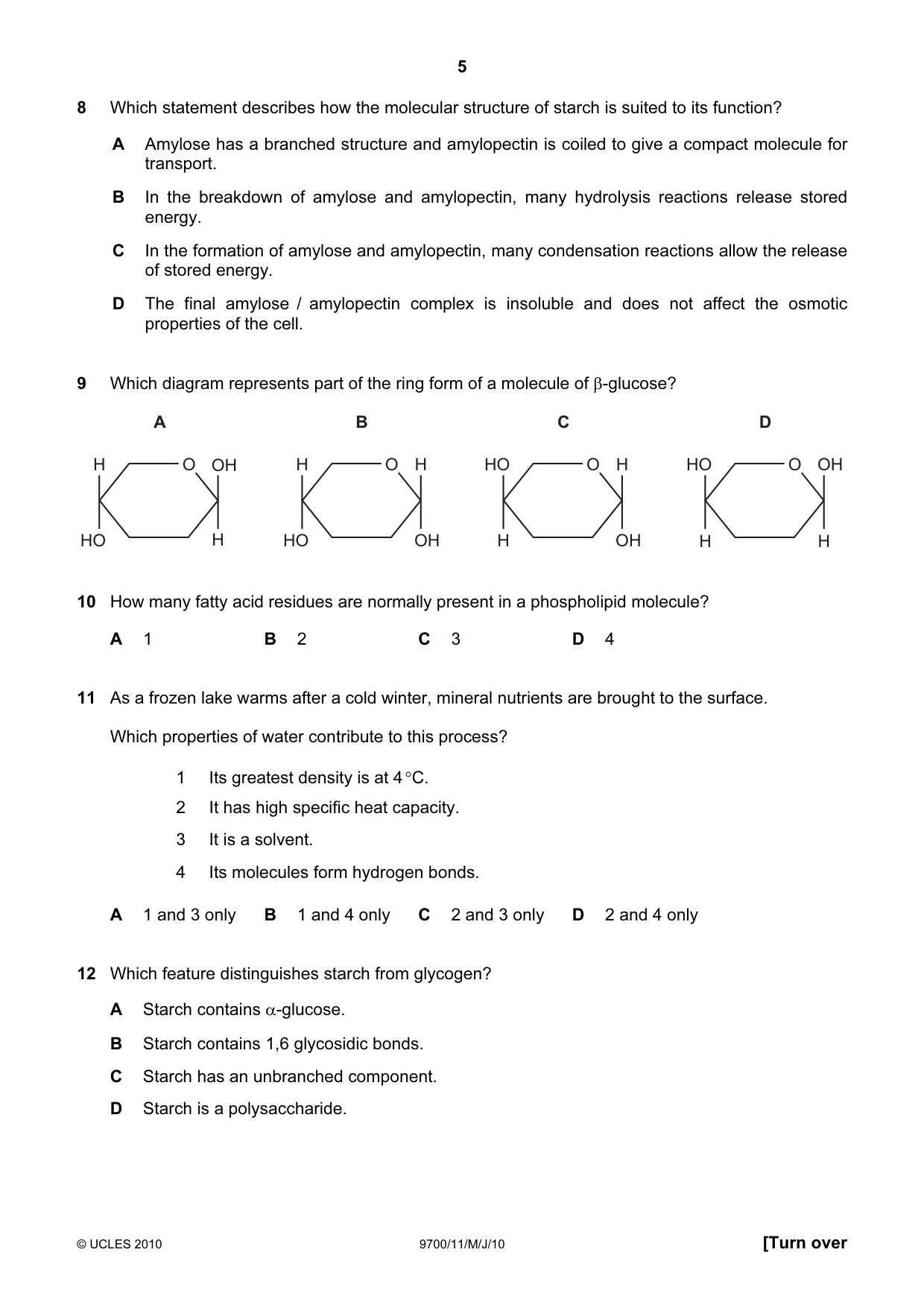 Cambridge A Level Biology 9700 2010 May/June Paper 1 · Variant 1 question paper, page 5 of 20