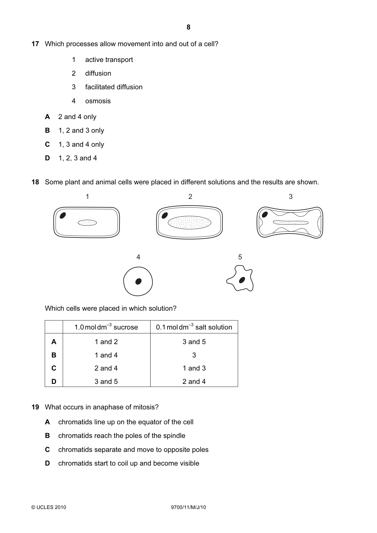 Cambridge A Level Biology 9700 2010 May/June Paper 1 · Variant 1 question paper, page 8 of 20