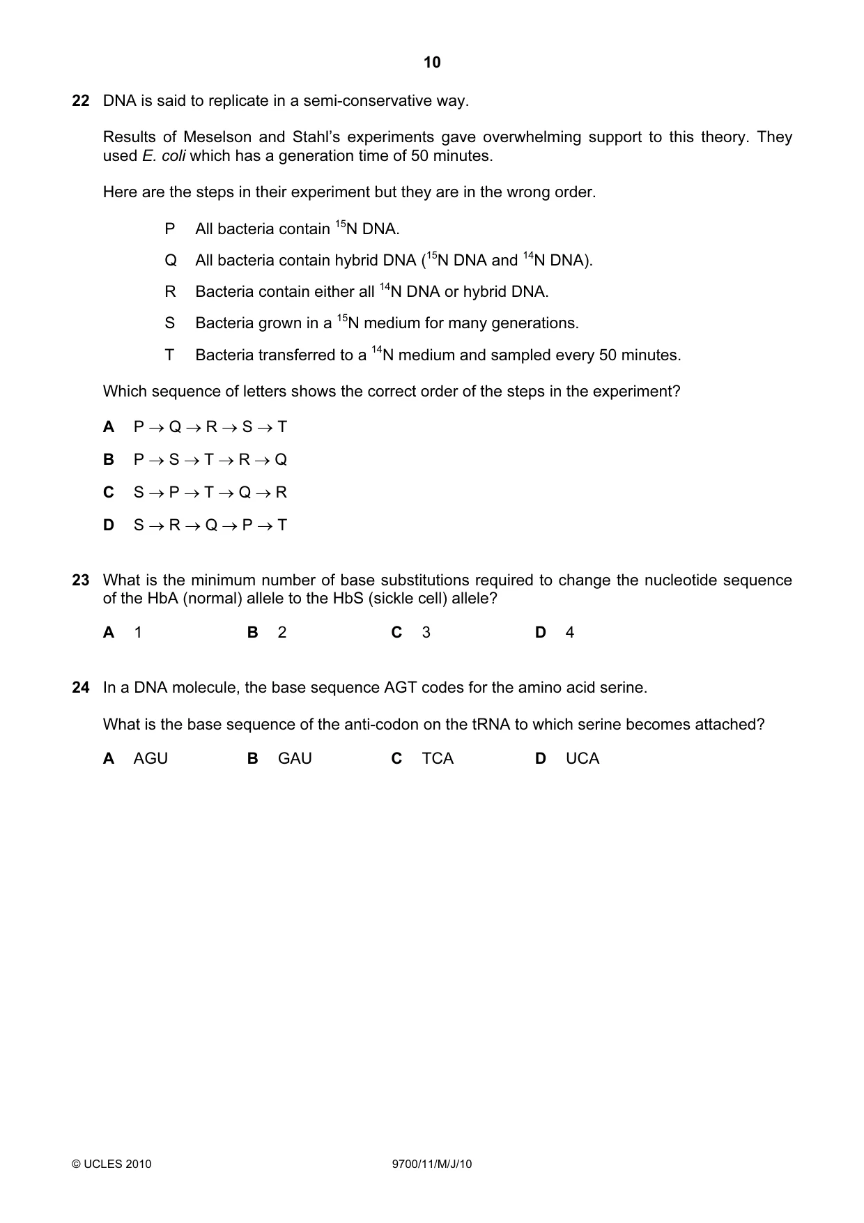 Cambridge A Level Biology 9700 2010 May/June Paper 1 · Variant 1 question paper, page 10 of 20