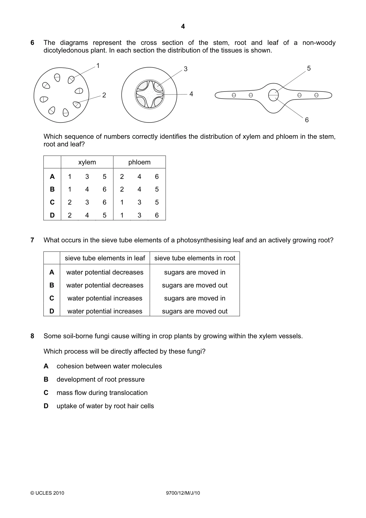Cambridge A Level Biology 9700 2010 May/June Paper 1 · Variant 2 question paper, page 4 of 20